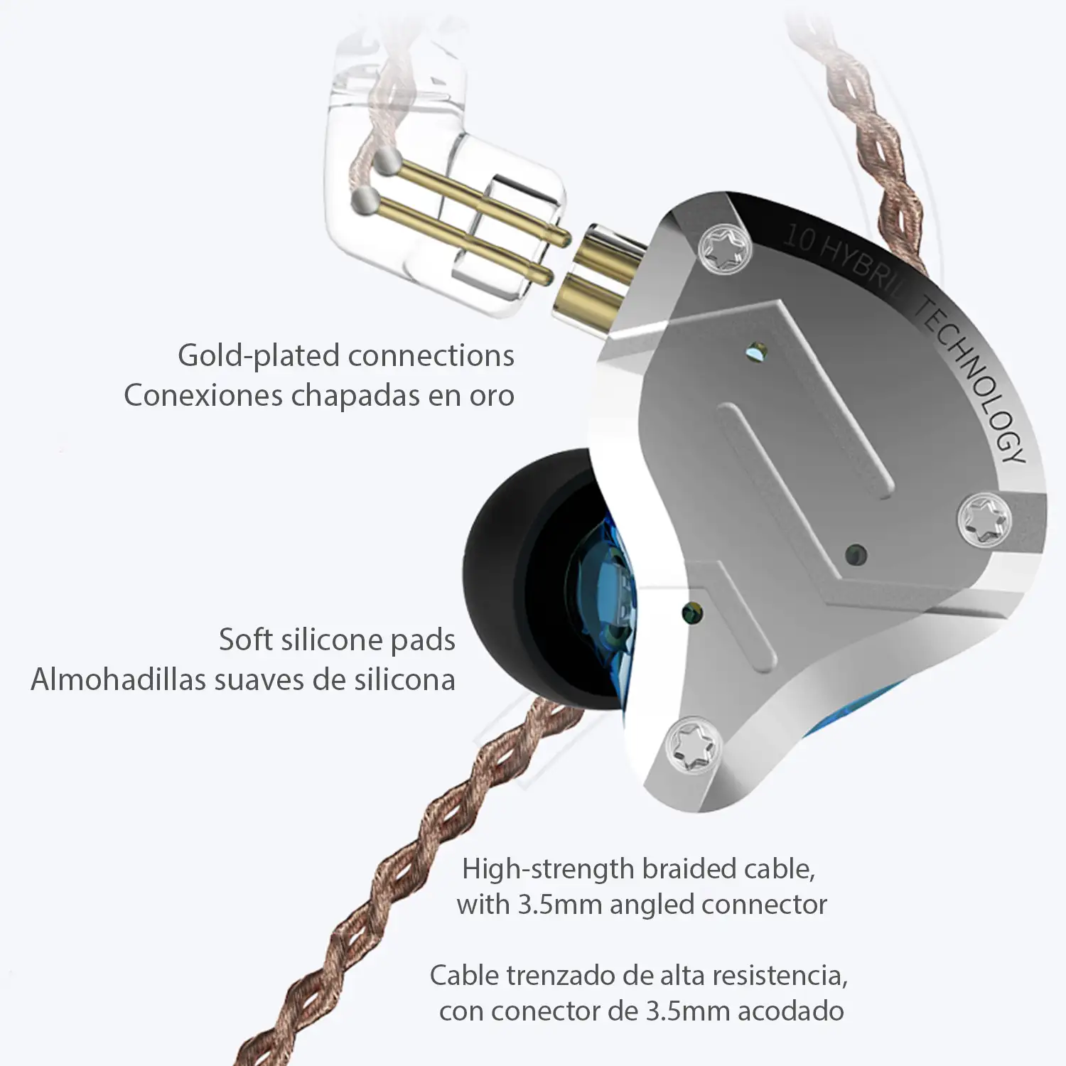 Auriculares híbridos in-ear KZ ZS10 PRO de alta fidelidad. 4 controladores de armadura balanceada + 1 controlador dinámico. Cable con micro, conexión jack 3,5mm.