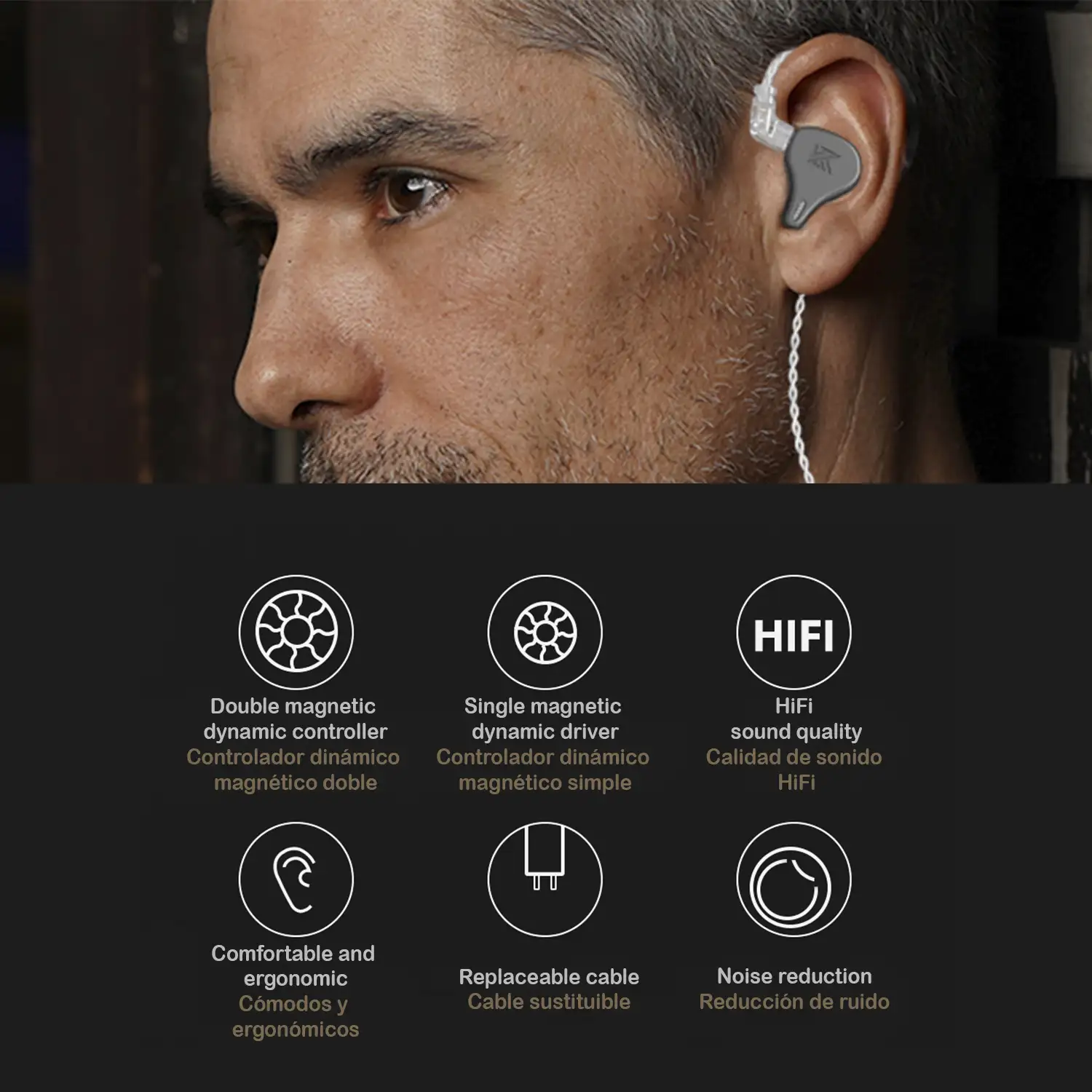 Auriculares híbridos in-ear KZ DQ6 de alta fidelidad. 3 controladores dinámicos. Cable con micro, conexión jack 3,5mm.