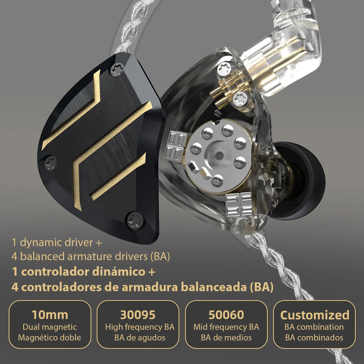 Auriculares híbridos in-ear CCA C10 PRO de alta fidelidad. 4 controladores de armadura balanceada + 1 controlador dinámico. Cable con micro, conexión jack 3,5mm.