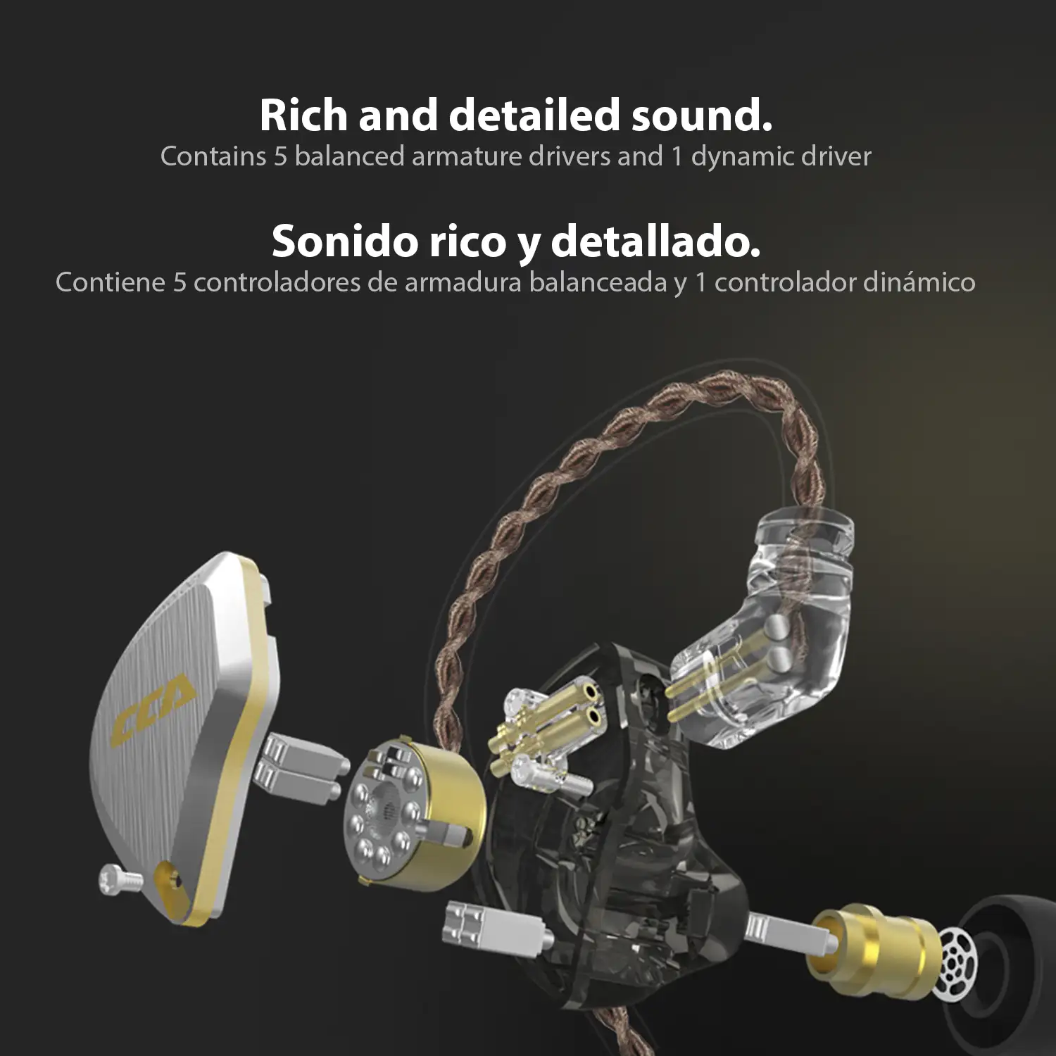 Auriculares híbridos in-ear CCA C12 de alta fidelidad. 5 controladores de armadura balanceada + 1 controlador dinámico. Cable con micro, conexión jack 3,5mm.