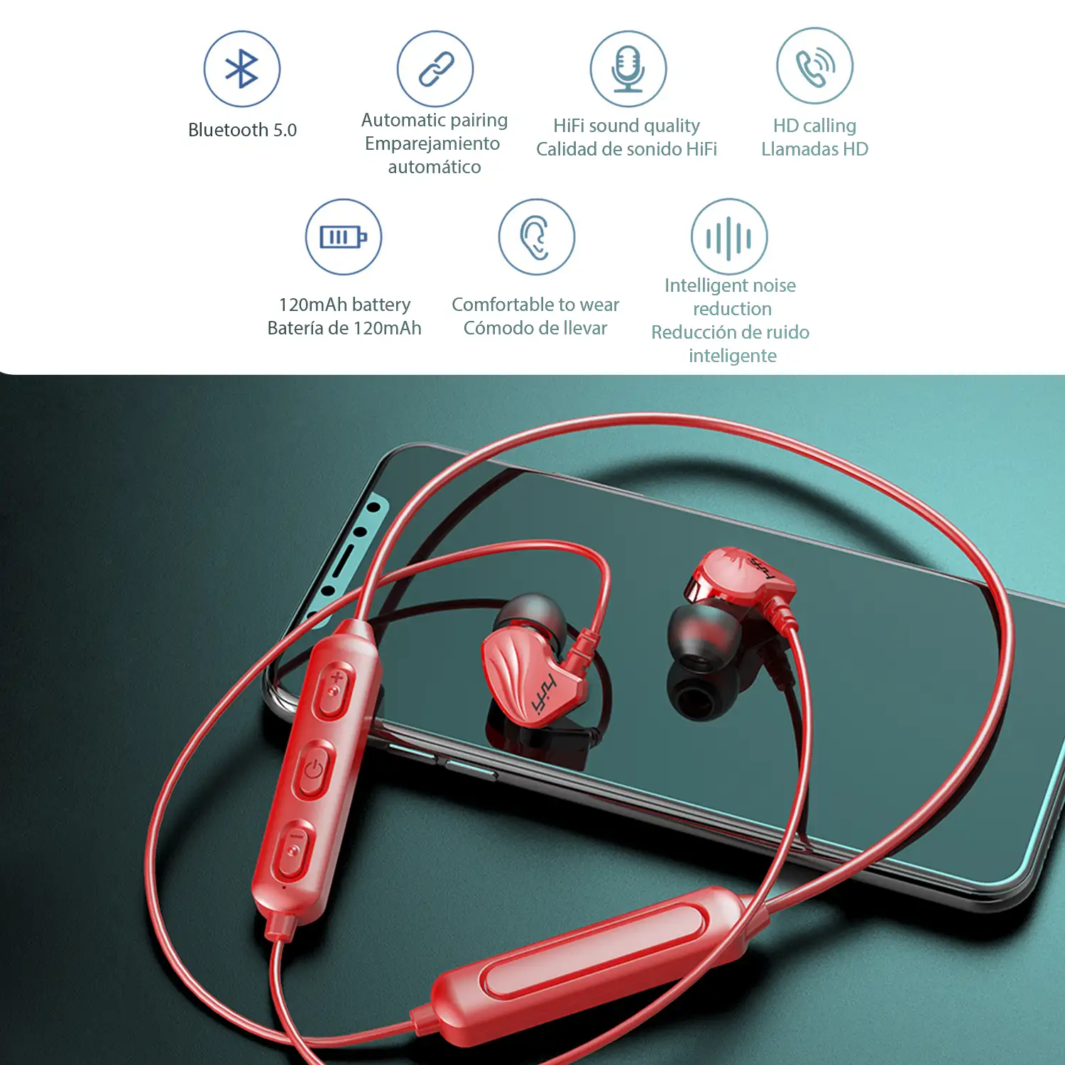 Auriculares in-ear W300 HiFi Bluetooth 5.0. Batería de 120mAh, cable con control de reproducción y llamadas. Para colgar por detrás del cuello.