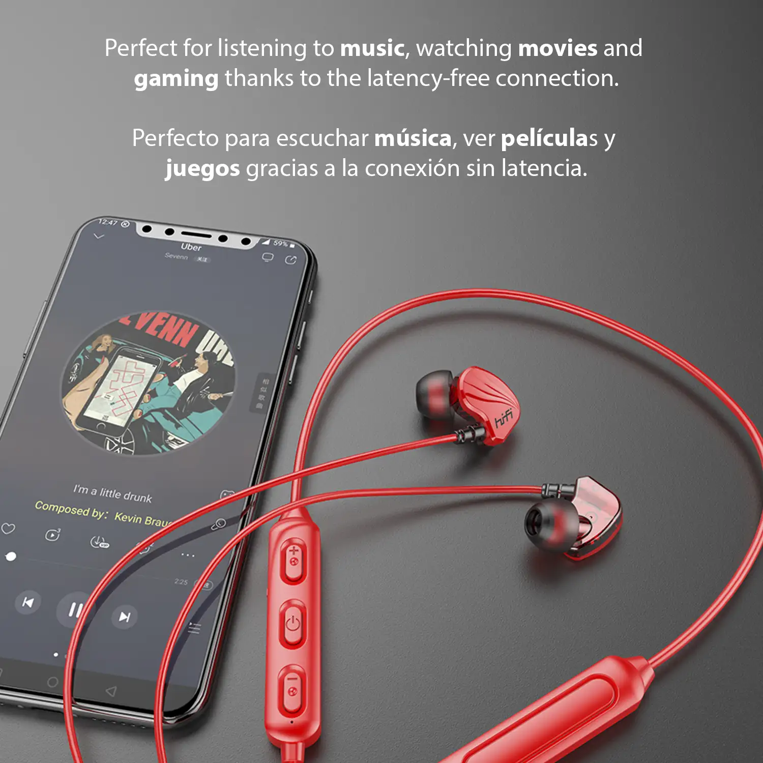 Auriculares in-ear W300 HiFi Bluetooth 5.0. Batería de 120mAh, cable con control de reproducción y llamadas. Para colgar por detrás del cuello.