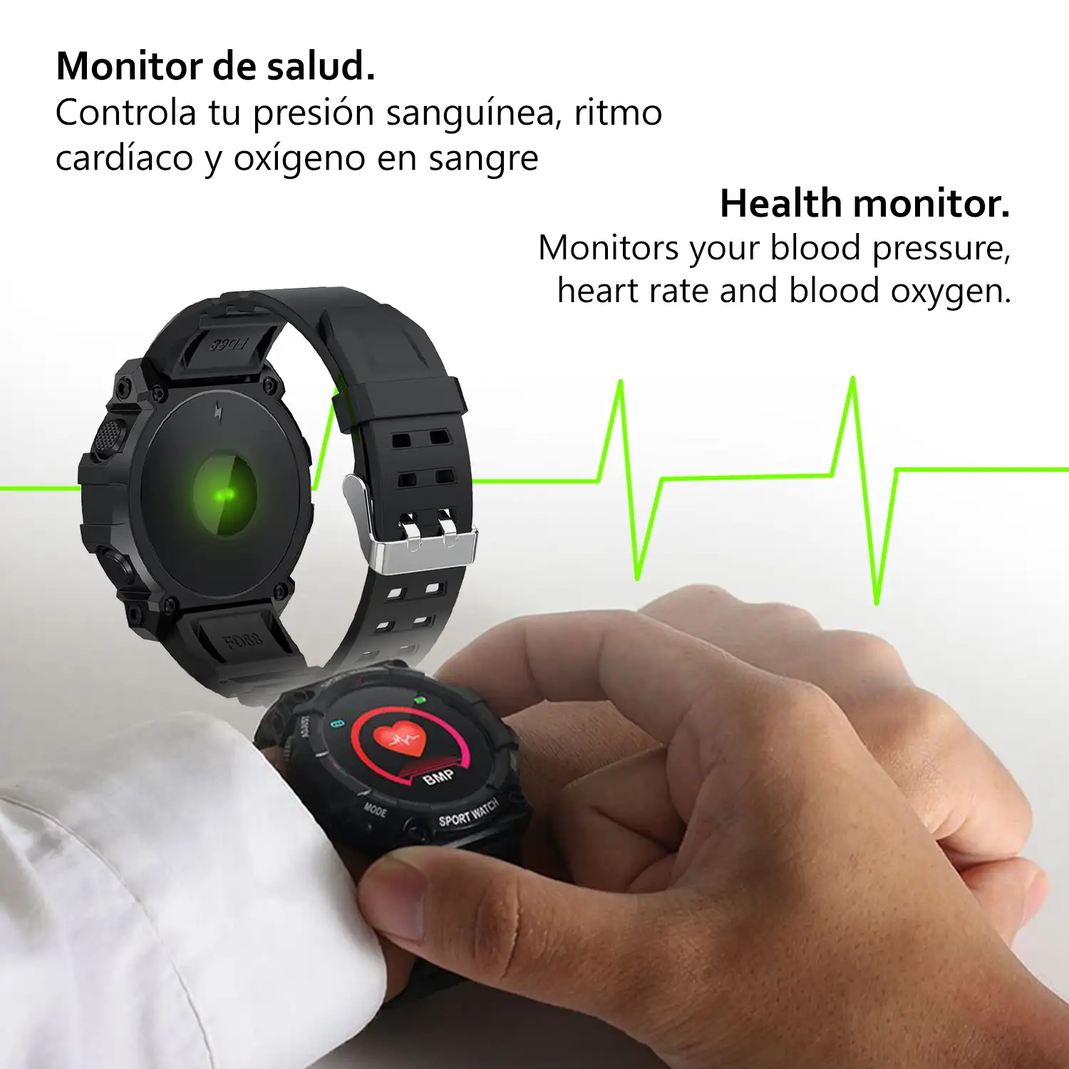 Brazalete inteligente FD68 Bluetooth 4.0 con monitor cardíaco, O2 en sangre y tensión. Modos deportivos.