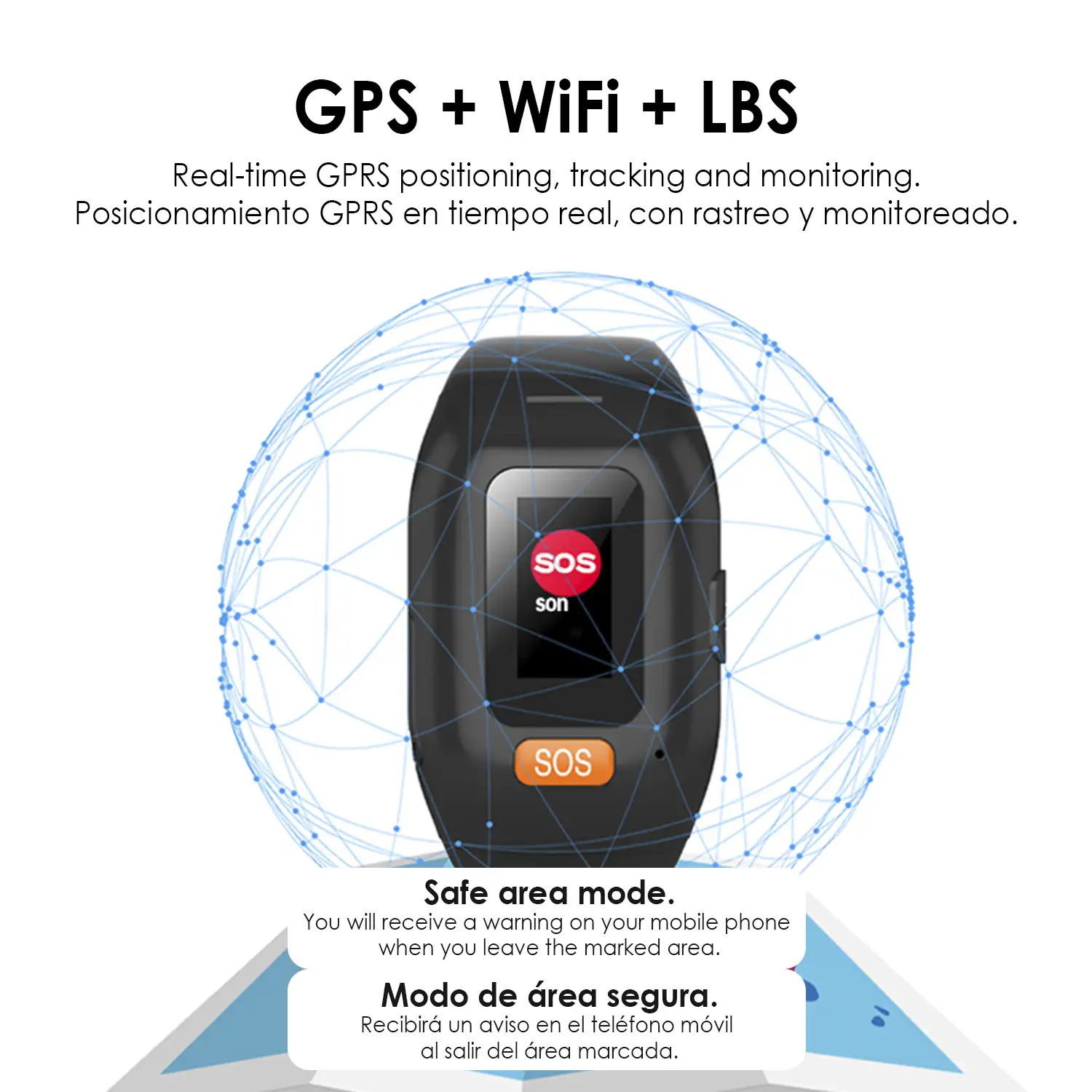 Brazalete localizador GPS con pantalla táctil, botón SOS e