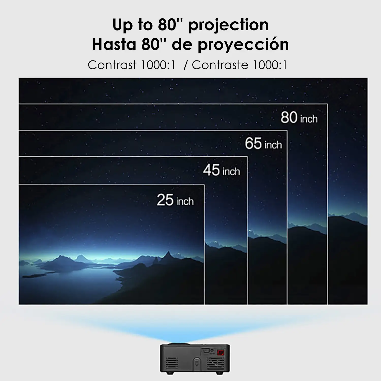 Mini video proyector 814. Soporta HD 1080P. De 25 a 80 pulgadas, contraste 1000:1, altavoz incorporado y mando a distancia.