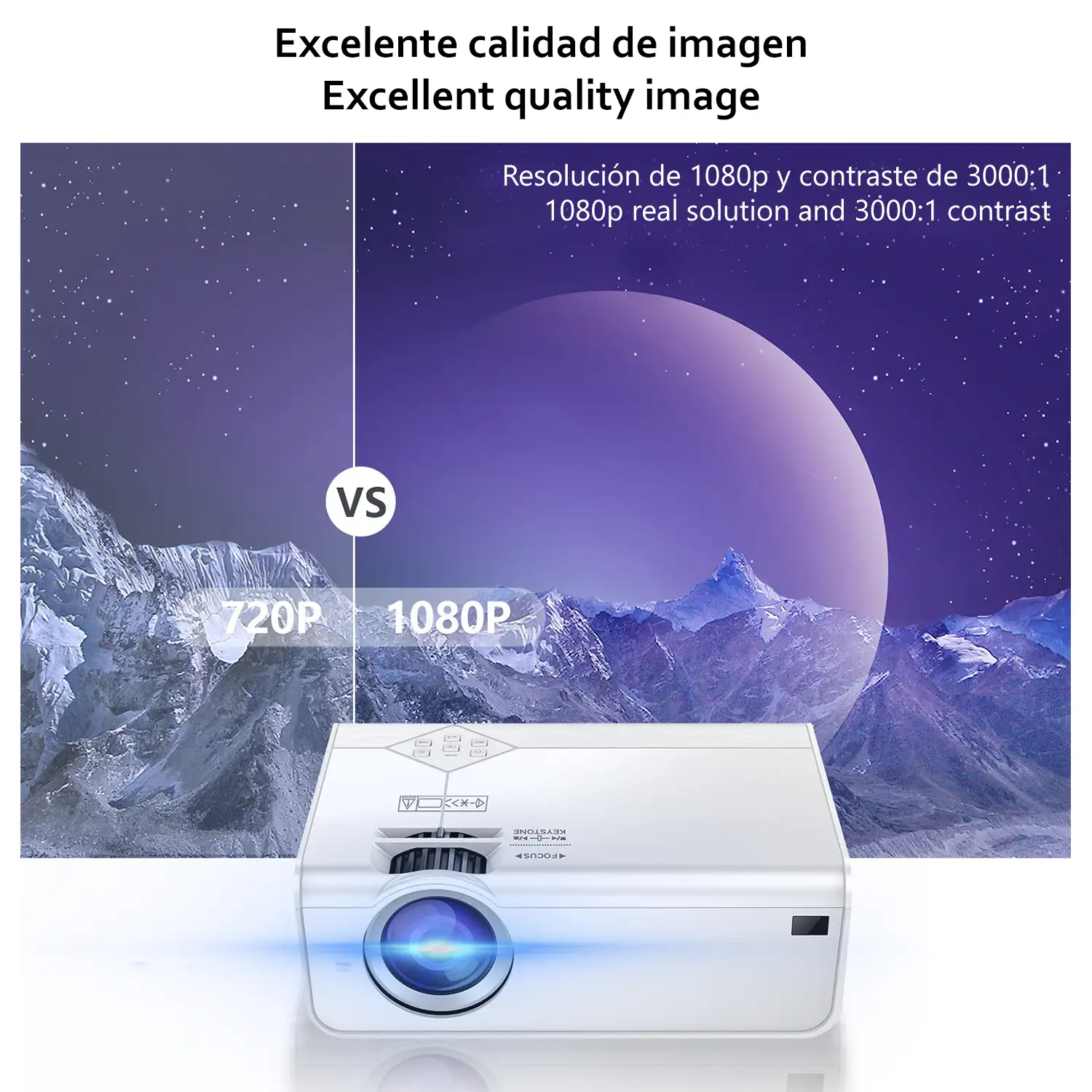 Video proyector LED A13 Full HD1080P, soporta 4K. De 27 a 200 pulgadas, brillo 8000 lm, altavoz incorporado.