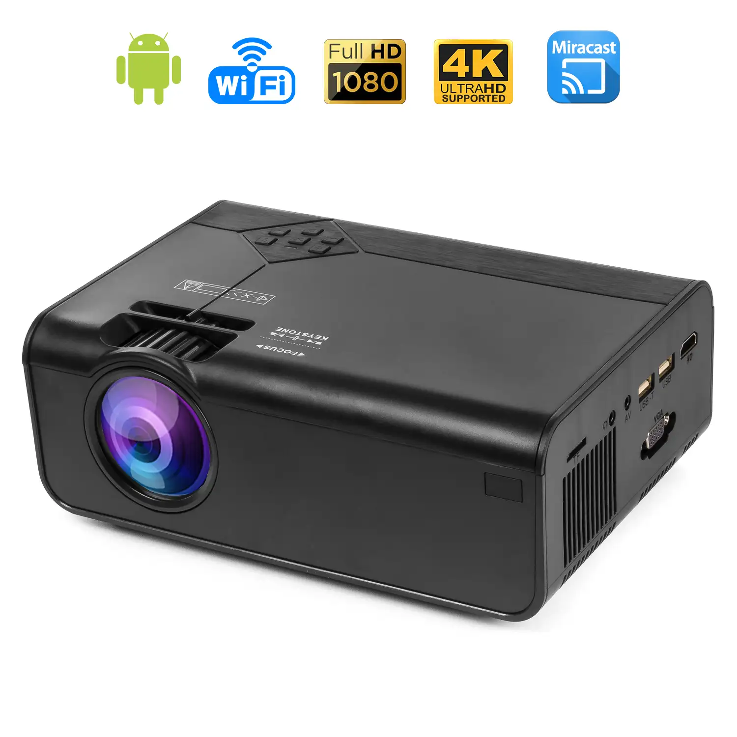 Video proyector LED con sistema operativo Android. Hasta 150 pulgadas,  contraste 3000:1. Conexiones HDMI, USB