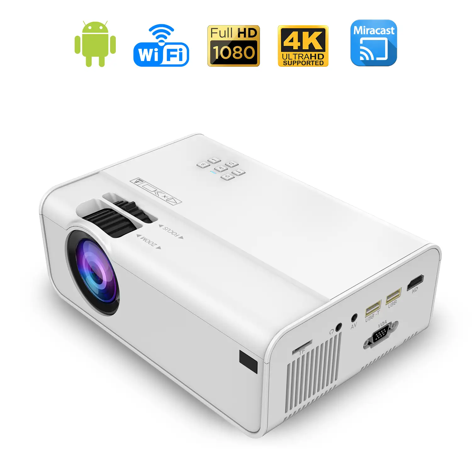 Video proyector LED A13 con Wifi y Android 6.0 incorporado. Full HD1080P, soporta 4K. De 27 a 200 pulgadas, brillo 8000 lm, altavoz incorporado.