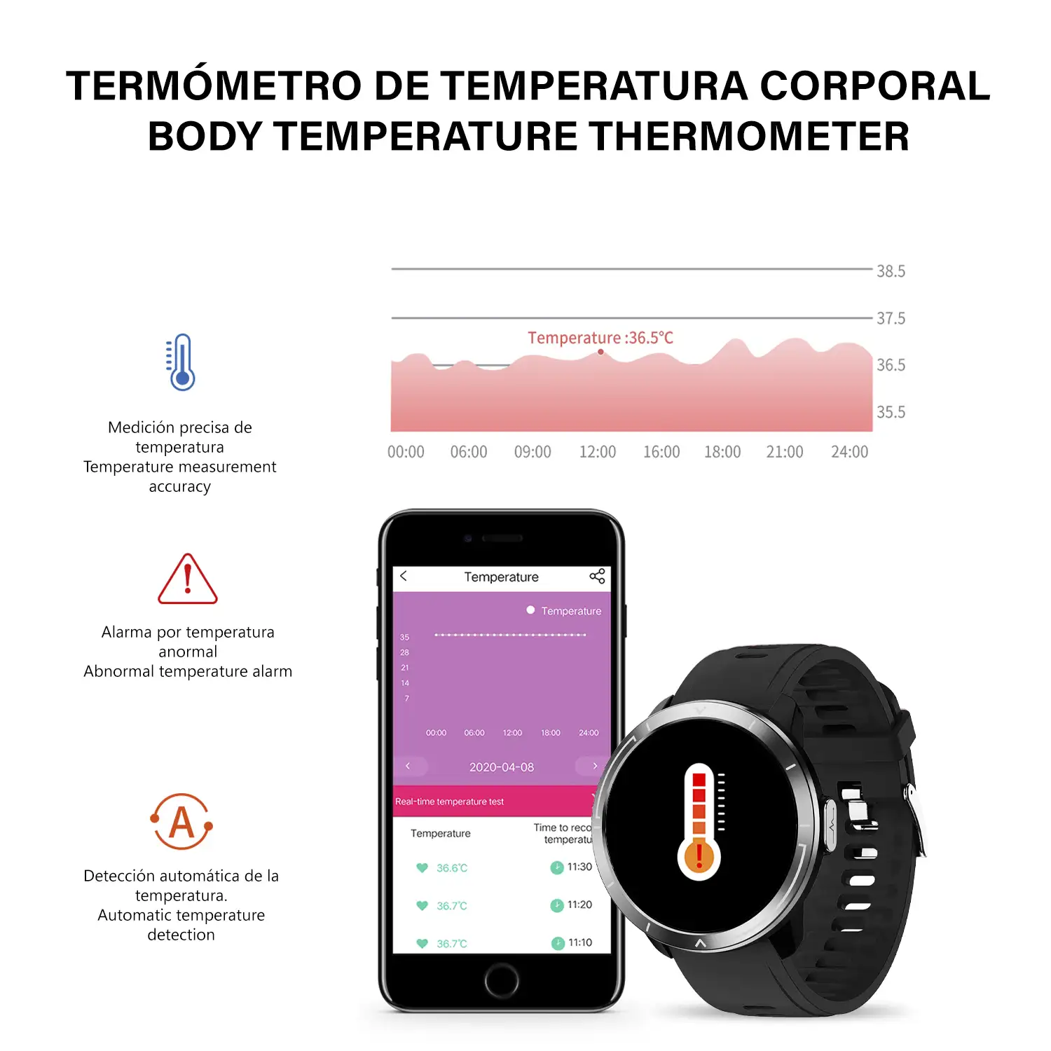 Smartwatch M18 Plus. Pulsera de cuero y silicona. Con termómetro corporal, frecuencia respiratoria, tensión y O2 en sangre. Modo multideportivo.