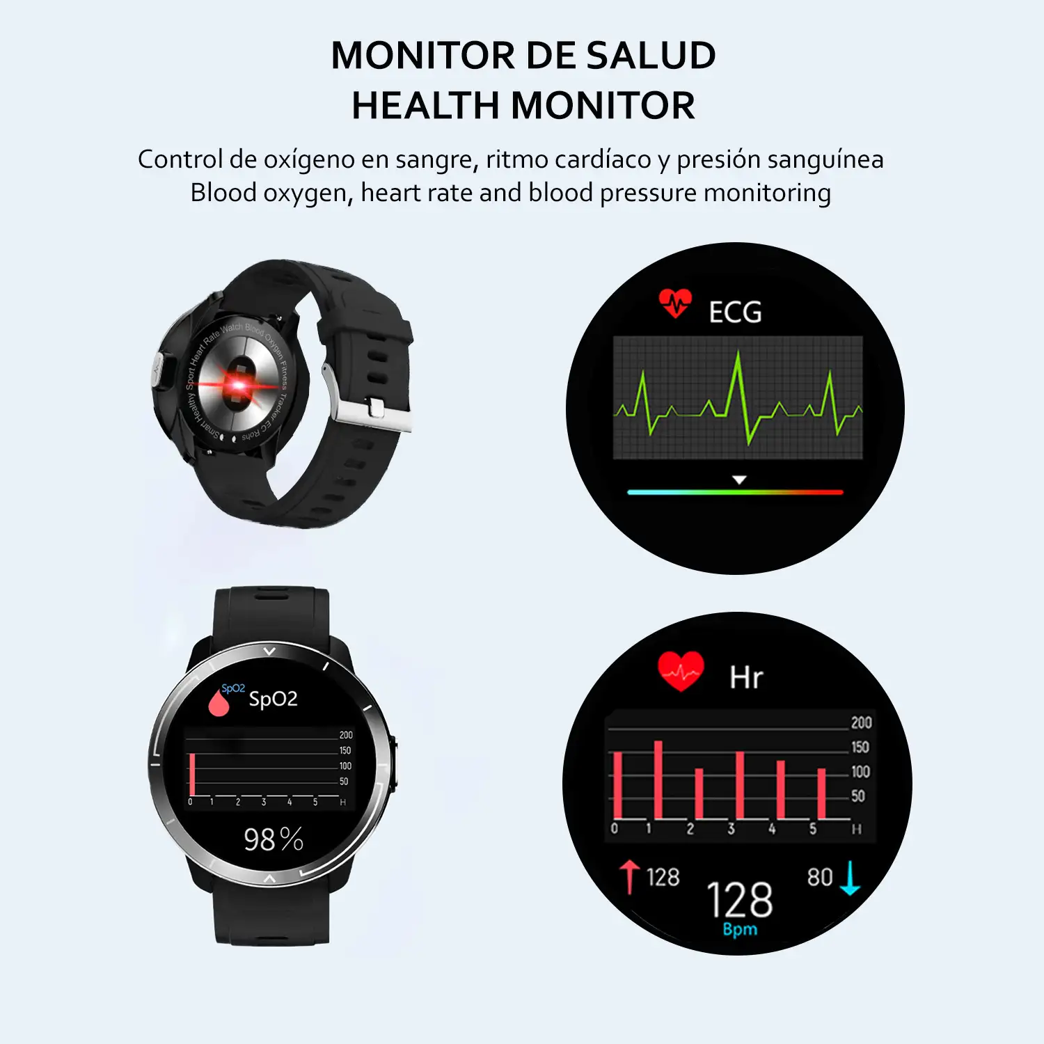 Smartwatch M18 Plus. Pulsera de cuero y silicona. Con termómetro corporal, frecuencia respiratoria, tensión y O2 en sangre. Modo multideportivo.