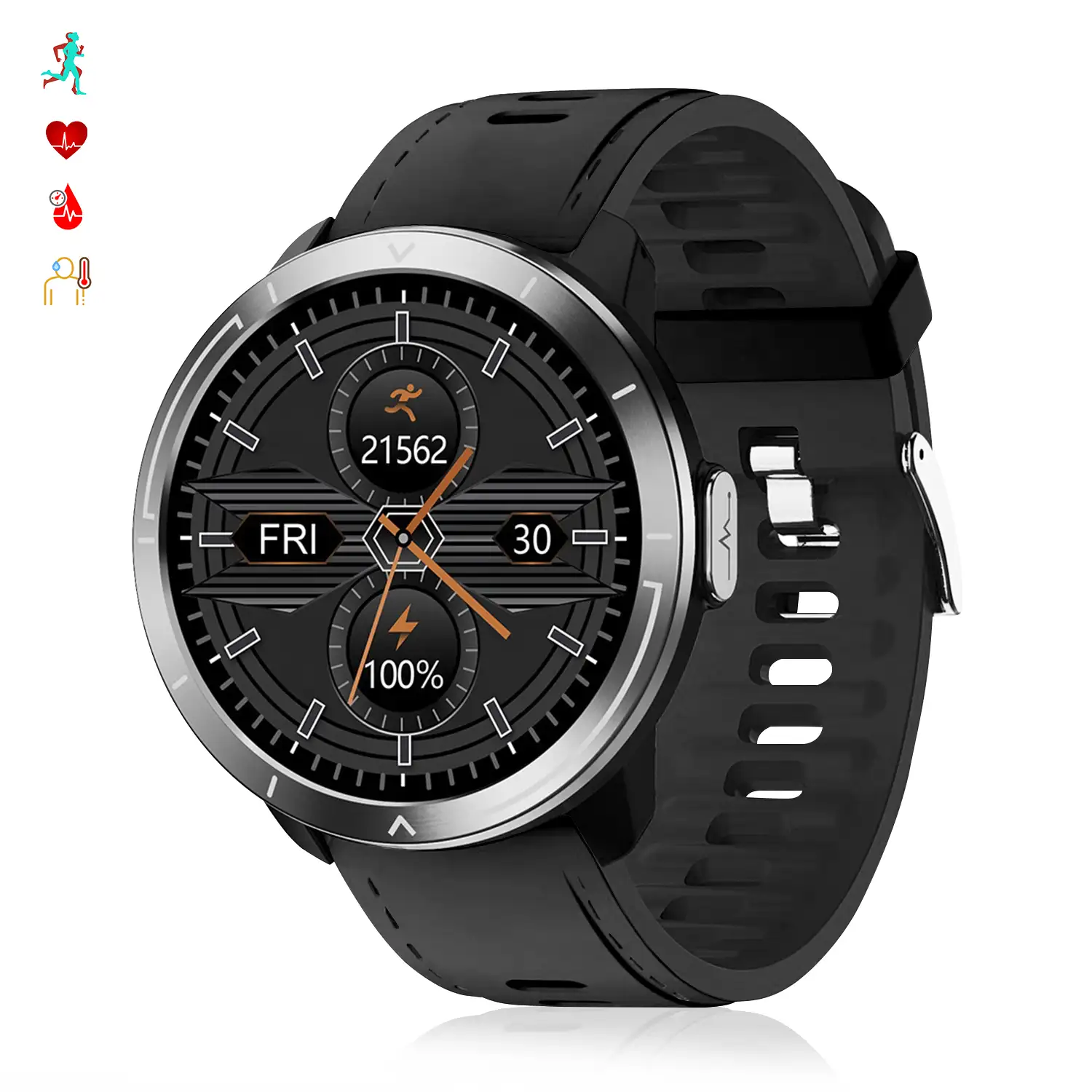 Smartwatch M18 Plus. Pulsera de cuero y silicona. Con termómetro corporal, frecuencia respiratoria, tensión y O2 en sangre. Modo multideportivo.