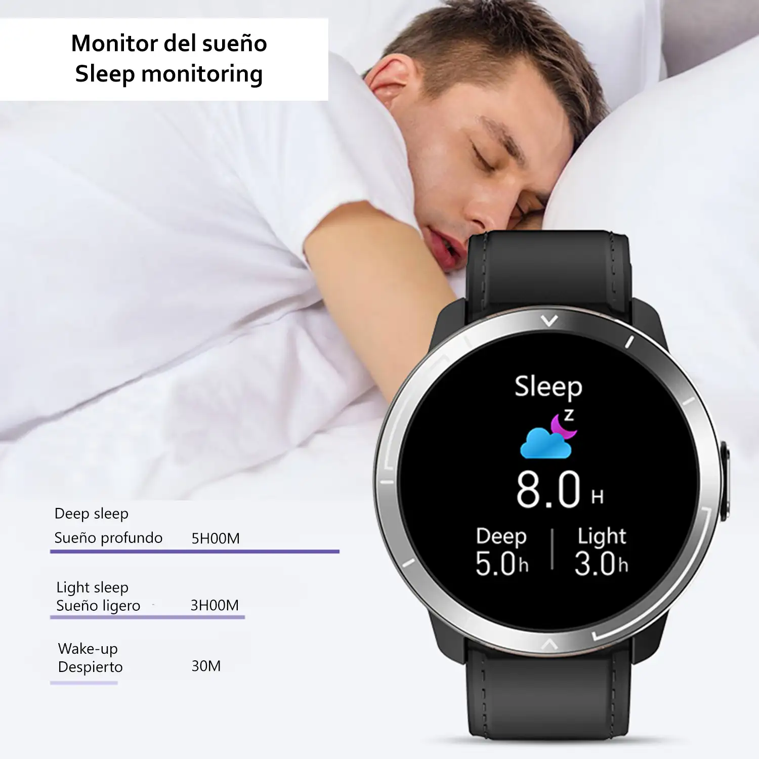 Smartwatch M18 Plus. Pulsera de cuero y silicona. Con termómetro corporal, frecuencia respiratoria, tensión y O2 en sangre. Modo multideportivo.