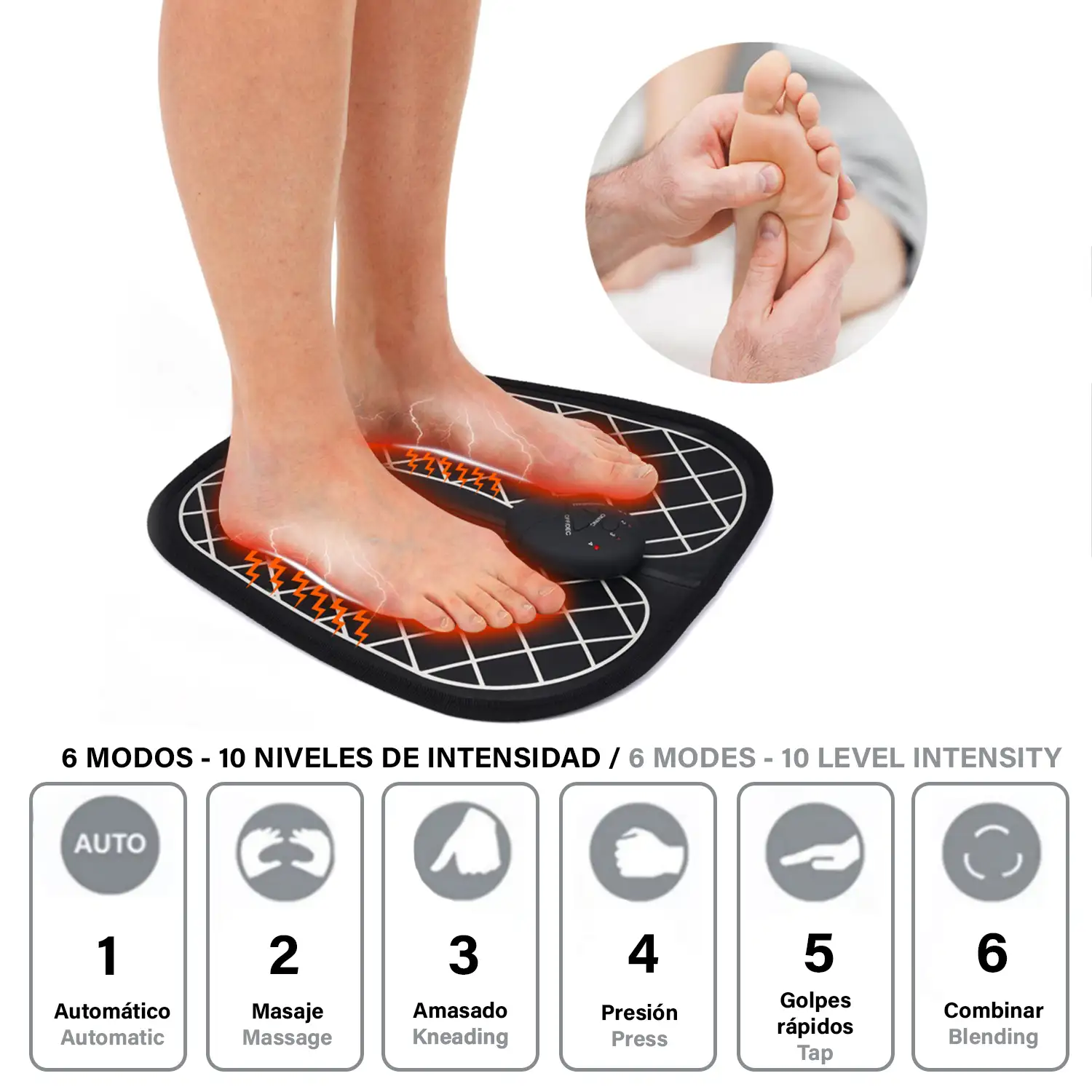 Estimulador de pies portátil EMS. Masajeador para mejorar la circulación de pies.