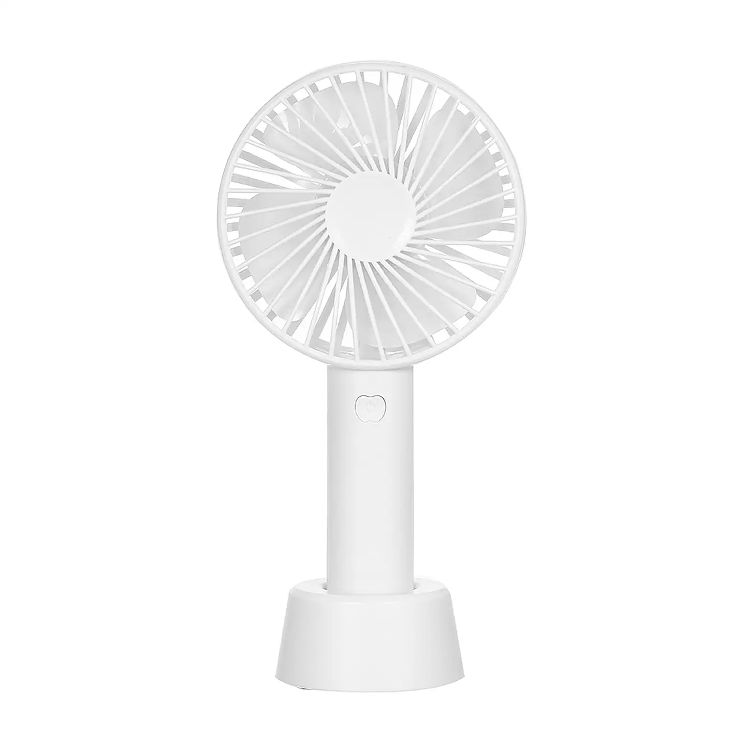 Mini ventilador portátil con batería y soporte de sobremesa.
