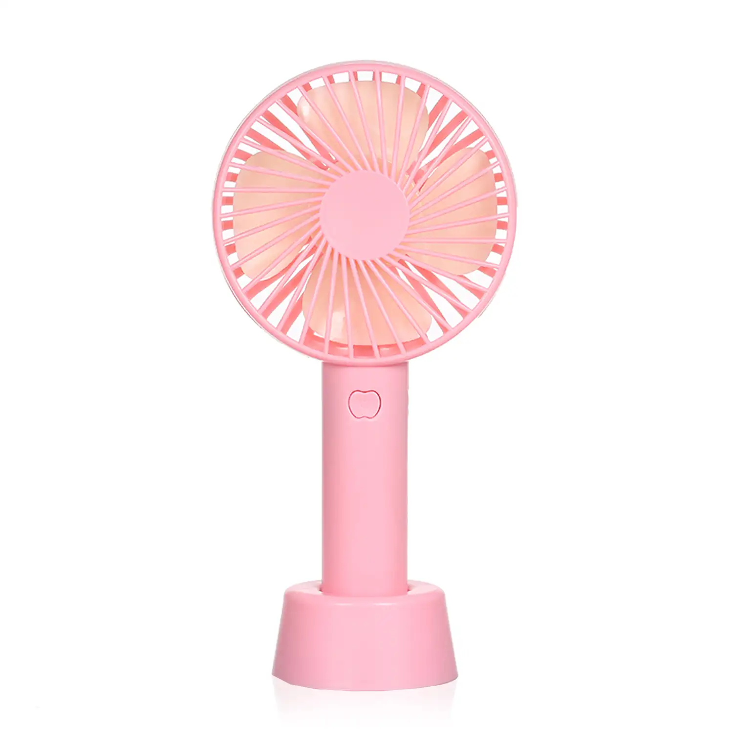 Mini ventilador portátil con batería y soporte de sobremesa.