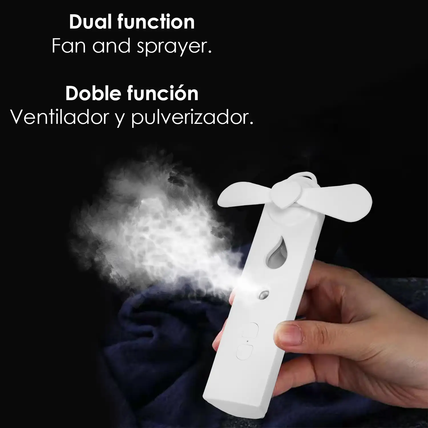 Mini ventilador portátil con pulverizador de agua. Depósito de 30ml, 3 velocidades.