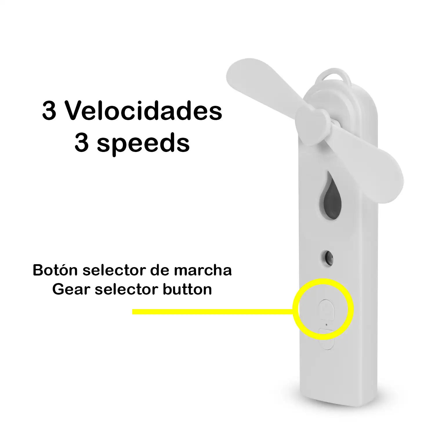 Mini ventilador portátil con pulverizador de agua. Depósito de 30ml, 3 velocidades.