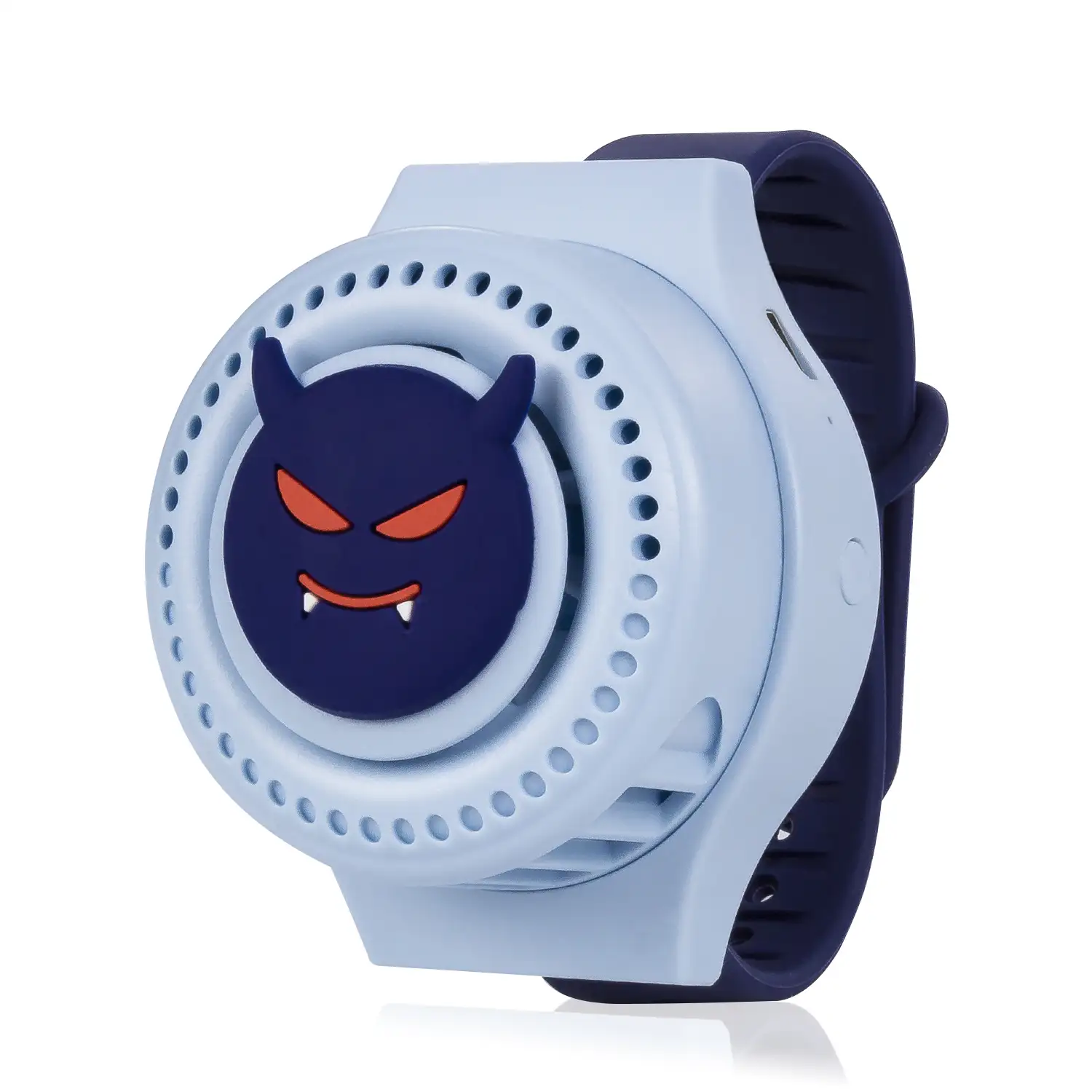 Reloj ventilador portátil con batería de 300mAh. Diseño diablillo. 3 velocidades.