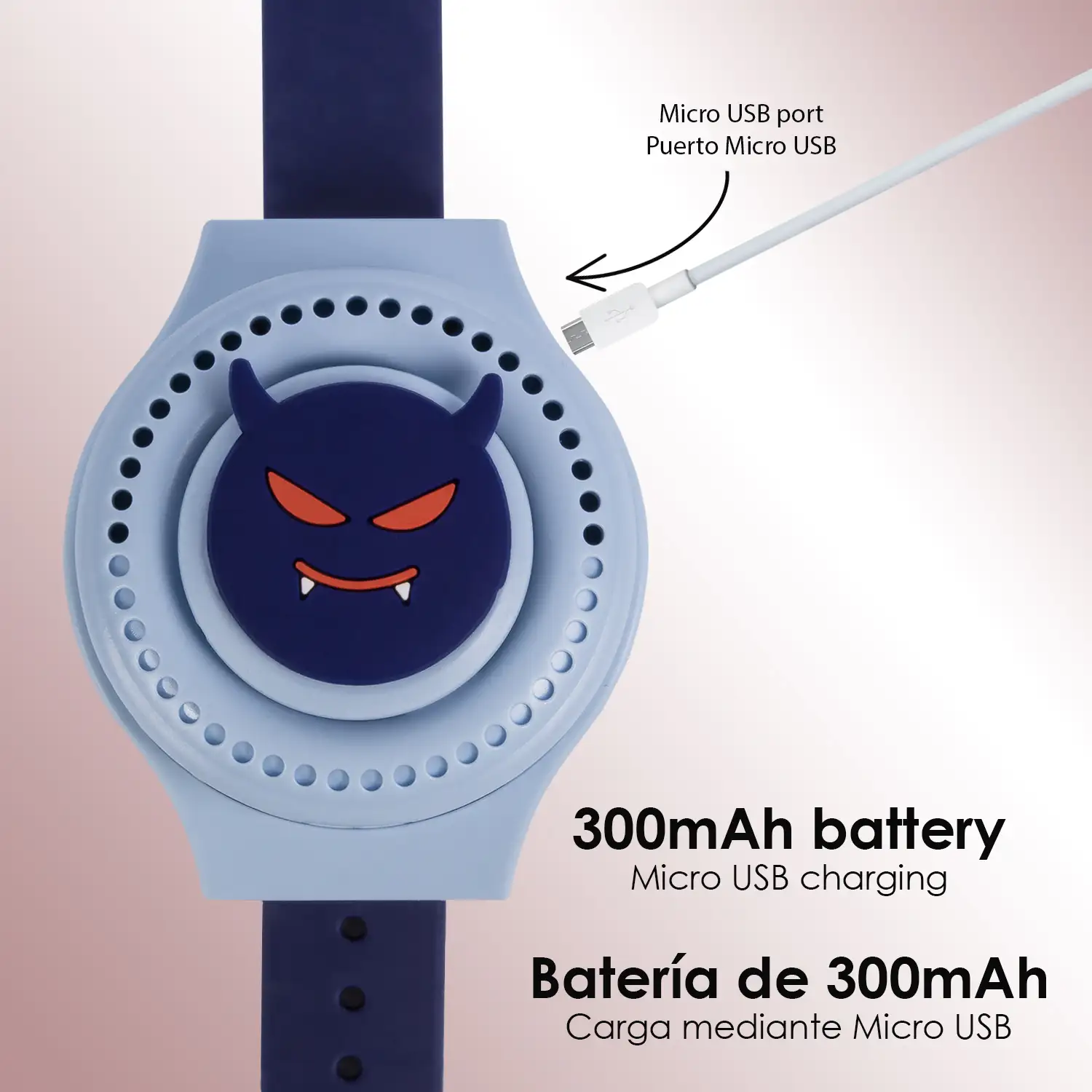 Reloj ventilador portátil con batería de 300mAh. Diseño diablillo. 3 velocidades.