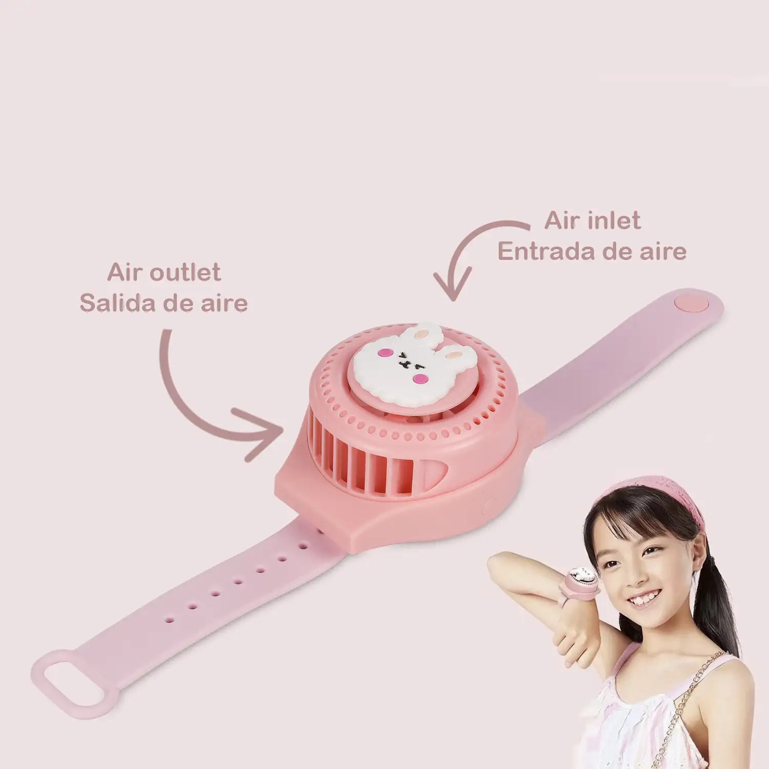 Reloj ventilador portátil con batería de 300mAh. Diseño conejito. 3 velocidades.