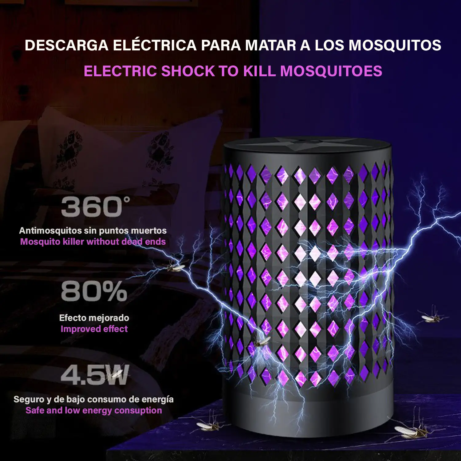 Atrapa mosquitos eléctrico, con luz led. Mata mosquitos por descarga eléctrica. Maya externa de seguridad.