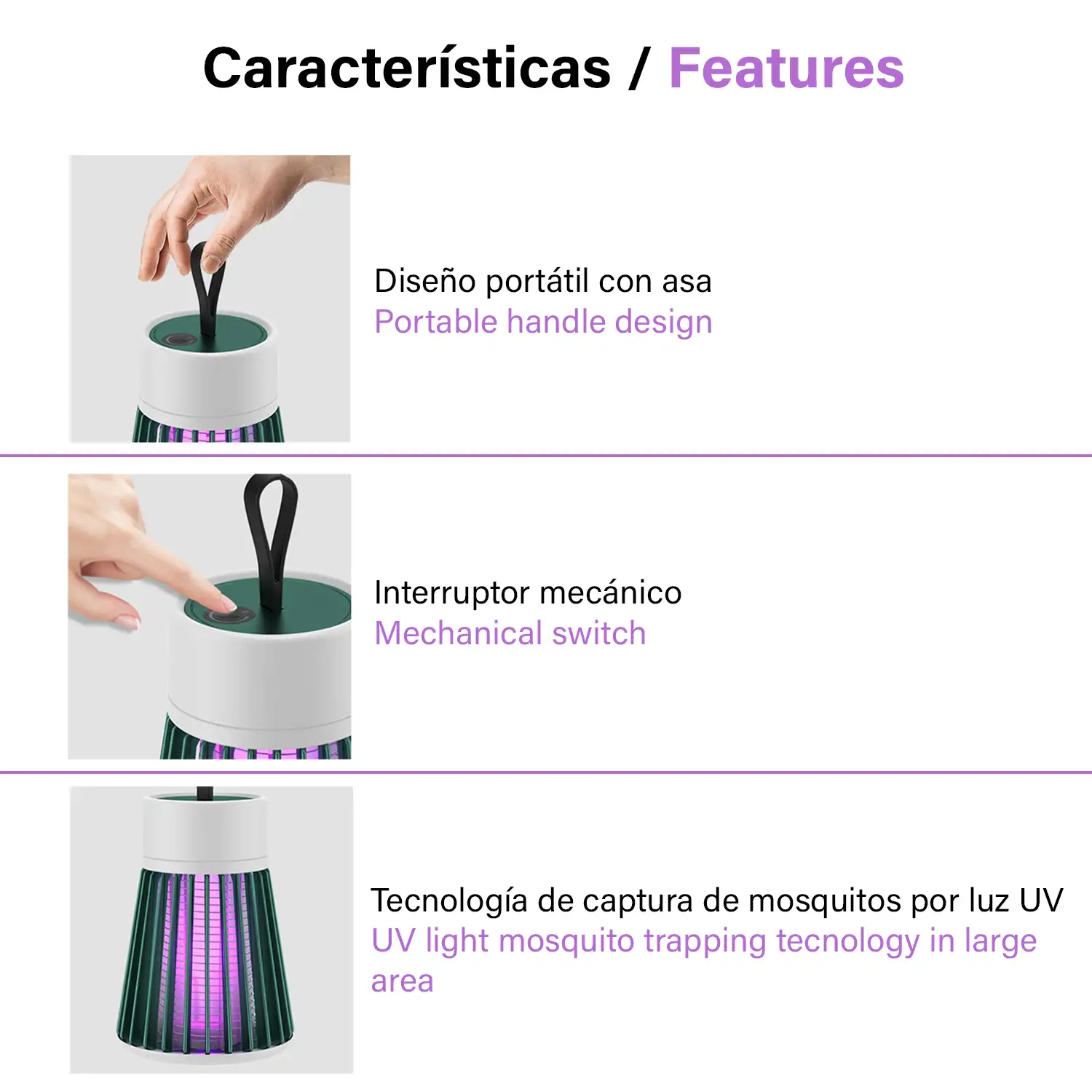 Atrapa mosquitos eléctrico BG-002 portátil con batería. Luz de 365 NM para atrapar mosquitos.