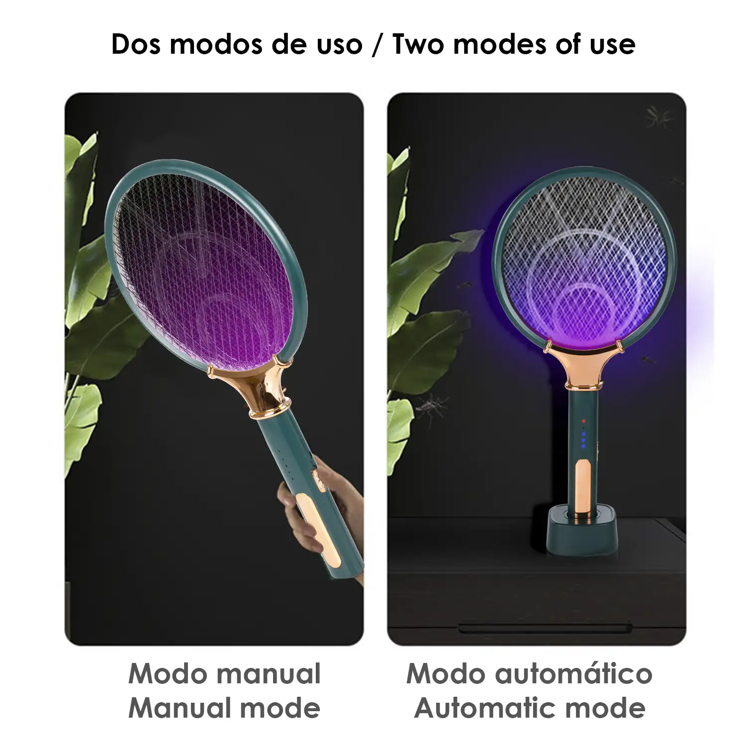 Raqueta eléctrica inteligente mata mosquitos. Batería de litio incorporada. Luz de 360-400 NM. Efectivo contra moscas, mosquitos y polillas.