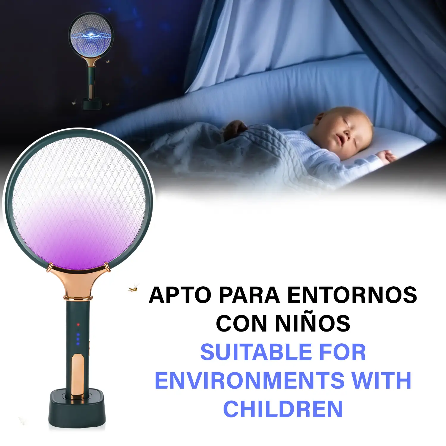 Raqueta eléctrica inteligente mata mosquitos. Batería de litio incorporada. Luz de 360-400 NM. Efectivo contra moscas, mosquitos y polillas.