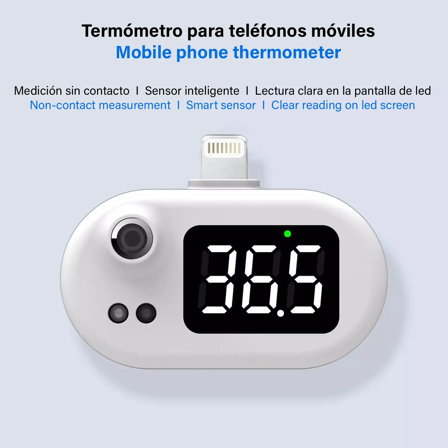 Mini termómetro infrarrojo portátil sin contacto para iOS, conexión a tu móvil o tablet.