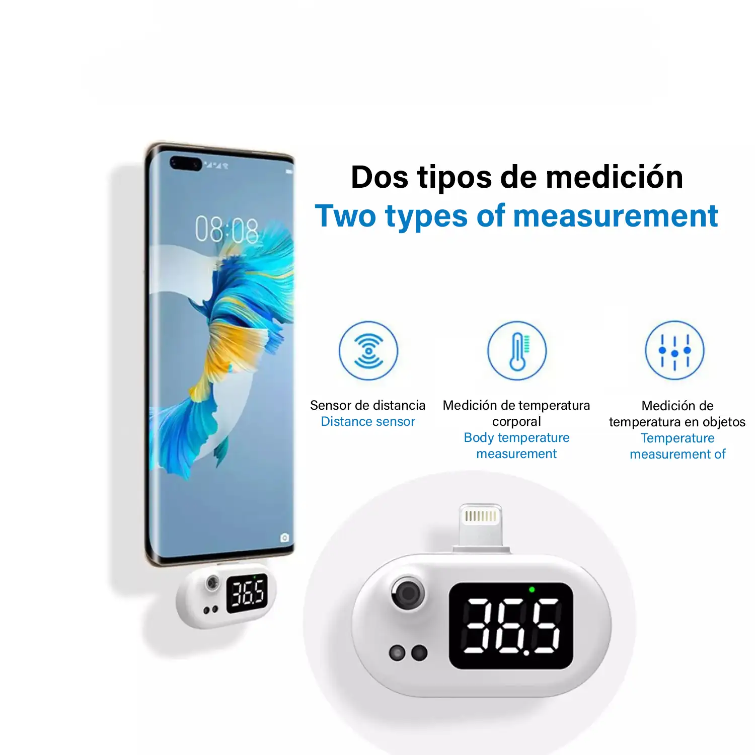 Mini termómetro infrarrojo portátil sin contacto para iOS, conexión a tu móvil o tablet.