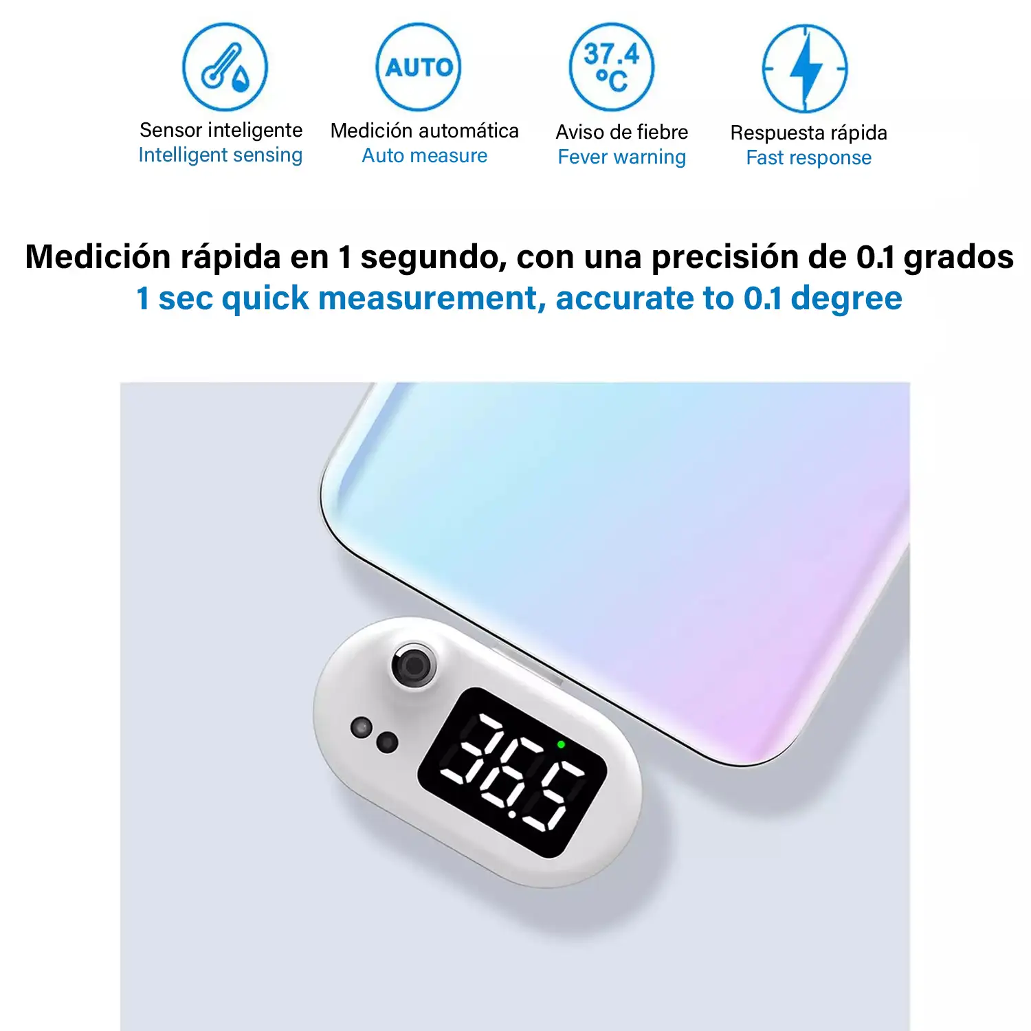 Mini termómetro infrarrojo portátil sin contacto para iOS, conexión a tu móvil o tablet.