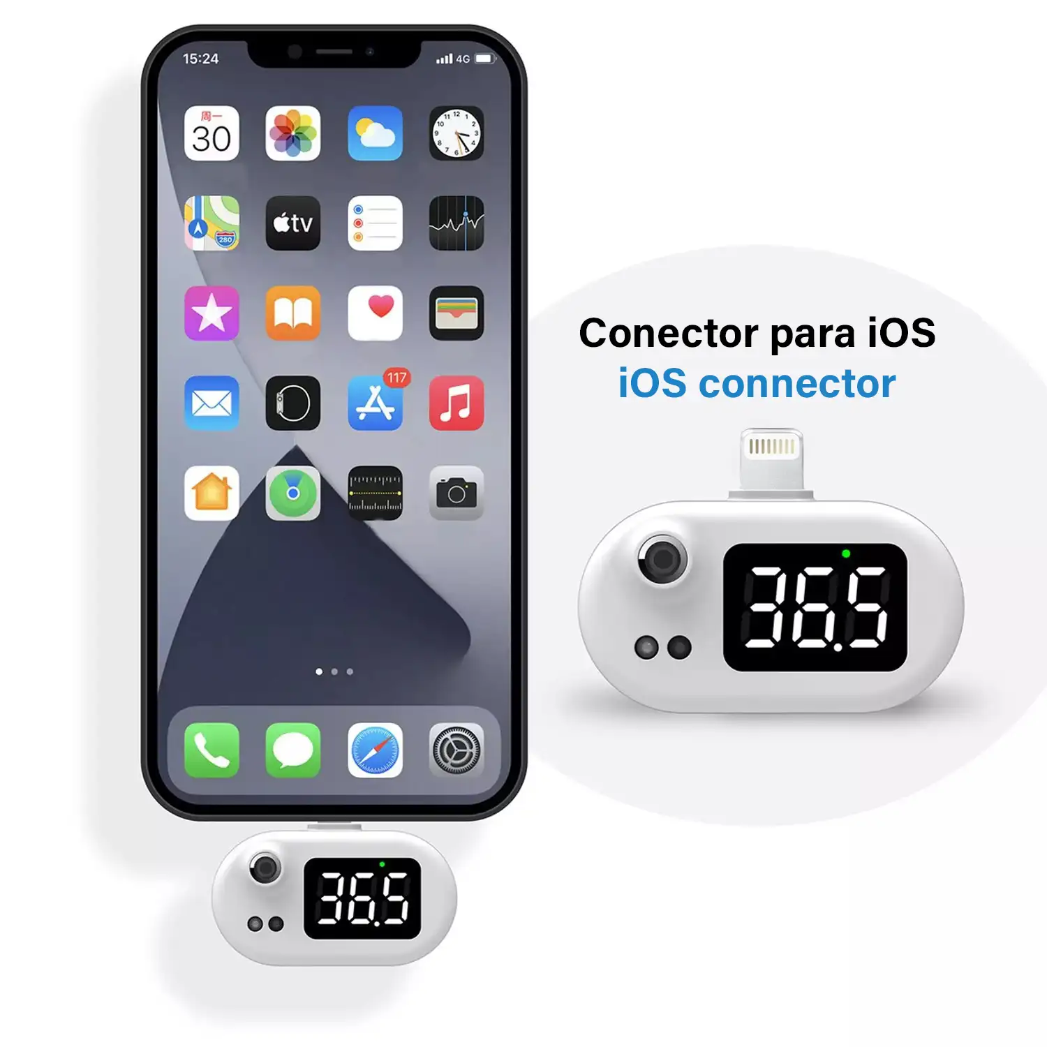 Mini termómetro infrarrojo portátil sin contacto para iOS, conexión a tu móvil o tablet.