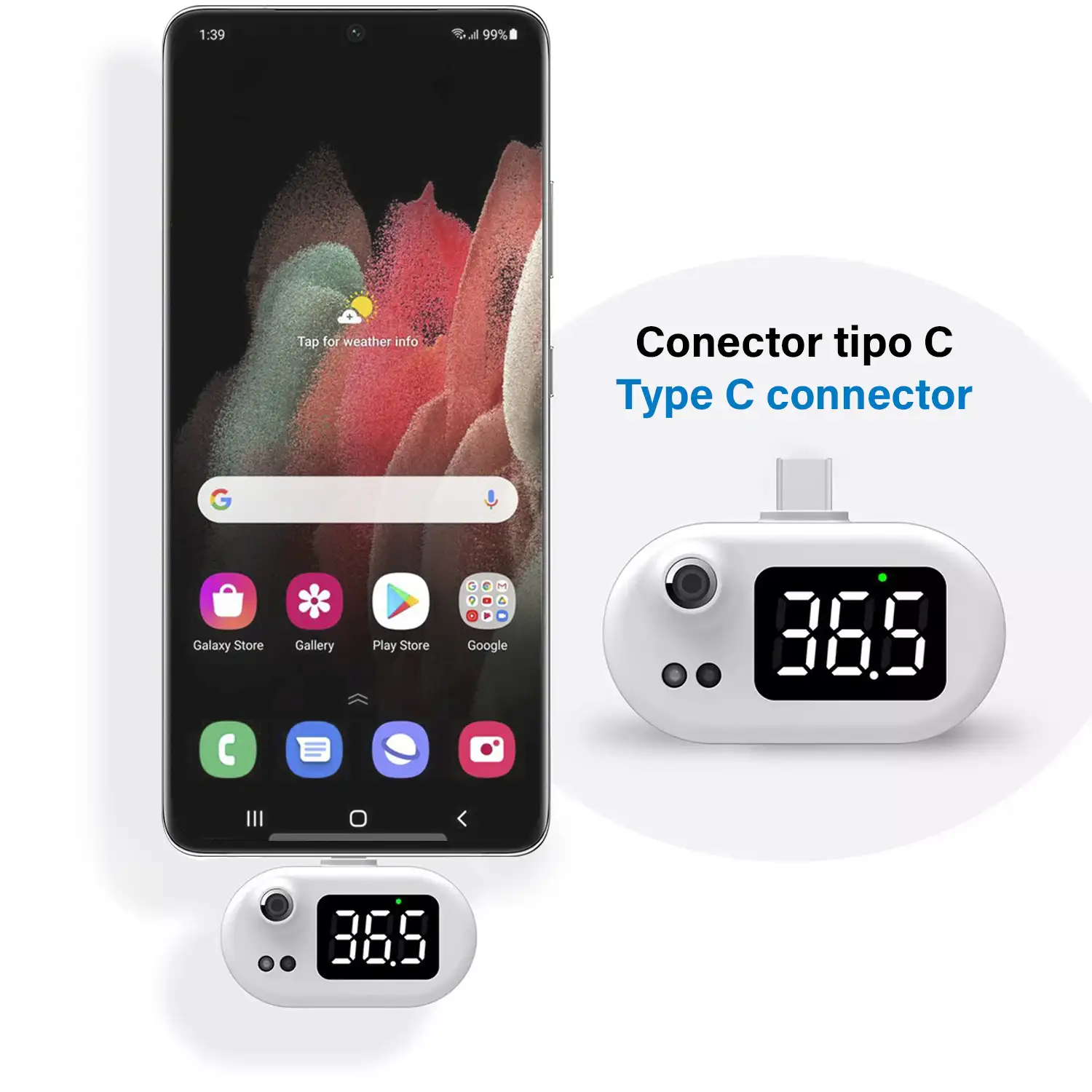 Mini termómetro infrarrojo portátil sin contacto para móvil y tablet con conector USB Tipo C.