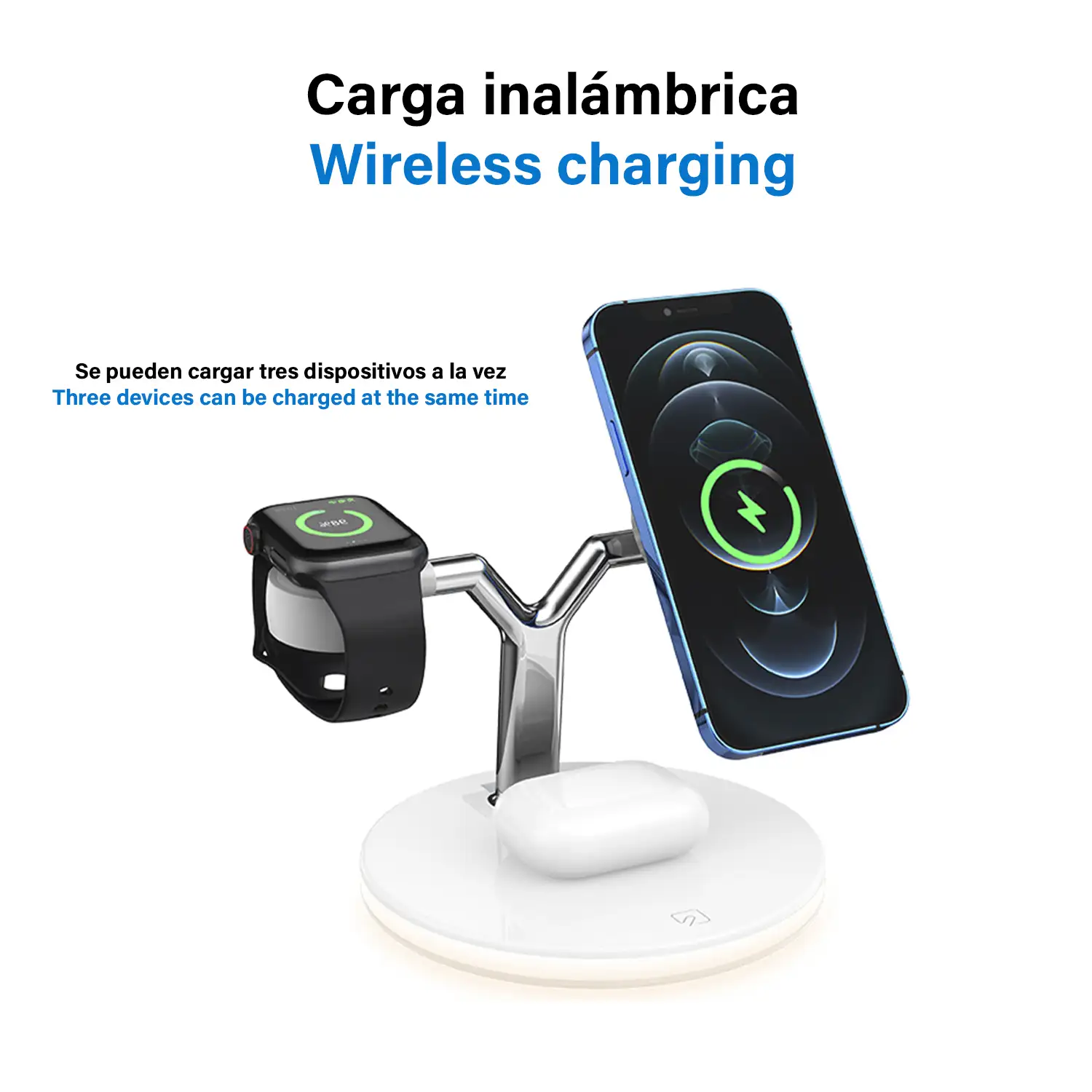 Estación de carga rápida 3 en 1 inalámbrica Qi, Magsafe, soporta QC3.0 y PD. Para Apple Watch, Airpods y iPhone compatible con Magsafe.