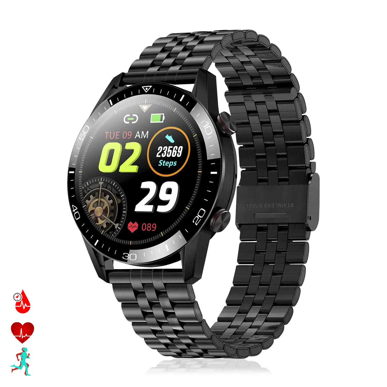 Smartwatch TK28 con correa metálica, monitor cardíaco, tensión y O2 en sangre. Varios modos deportivos.