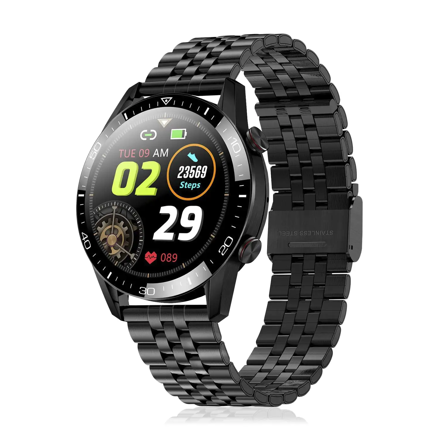 Smartwatch TK28 con correa metálica, monitor cardíaco, tensión y O2 en sangre. Varios modos deportivos.