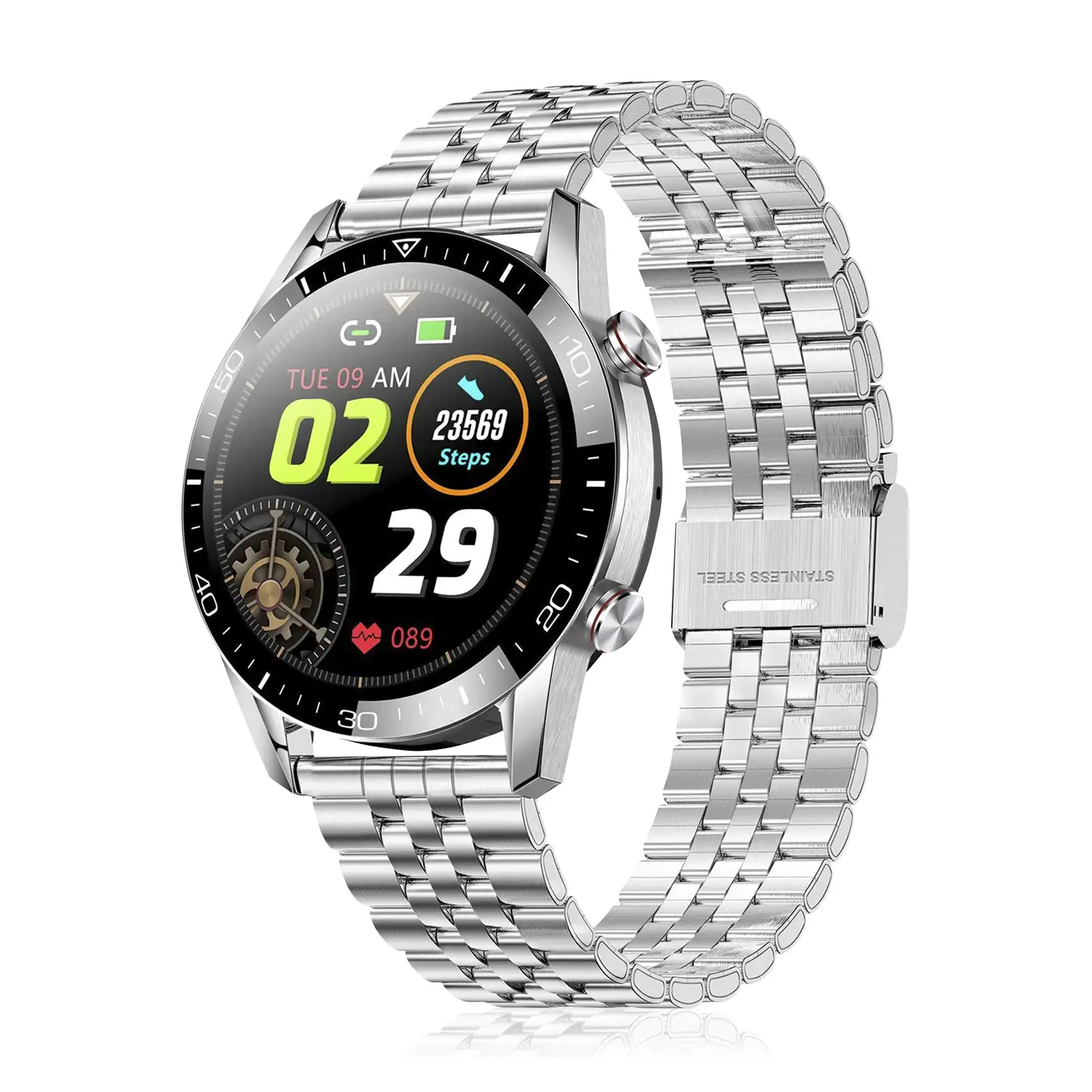 Smartwatch TK28 con correa metálica, monitor cardíaco, tensión y O2 en sangre. Varios modos deportivos.