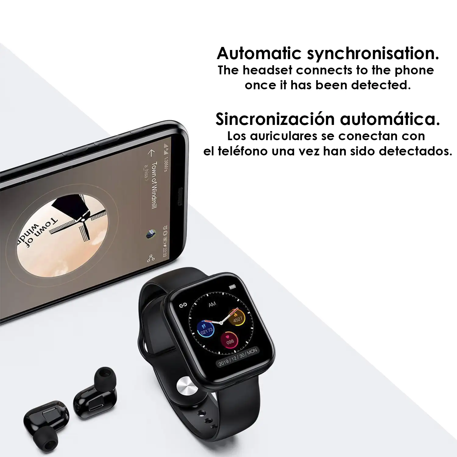 Brazalete inteligente X5 con auriculares Bluetooth TWS integrados, termómetro y monitor cardíaco.