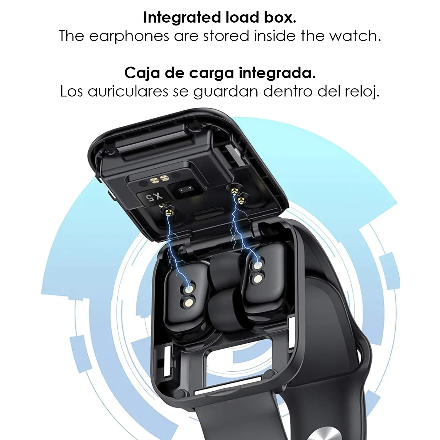 Brazalete inteligente X5 con auriculares Bluetooth TWS integrados, termómetro y monitor cardíaco.