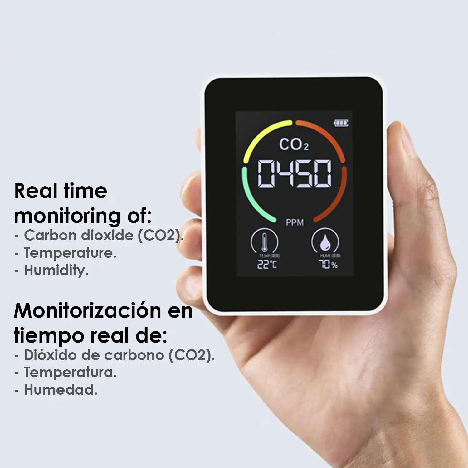 Monitor de calidad de aire para interior. Detección de CO2, con alarma sonora y visual. Termómetro, TVOC e higrómetro.