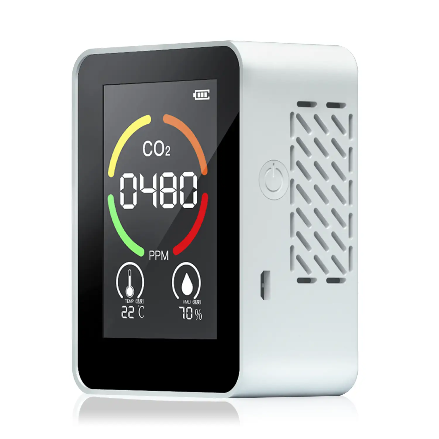 Monitor de calidad de aire para interior. Detección de CO2, con alarma sonora y visual. Termómetro, TVOC e higrómetro.