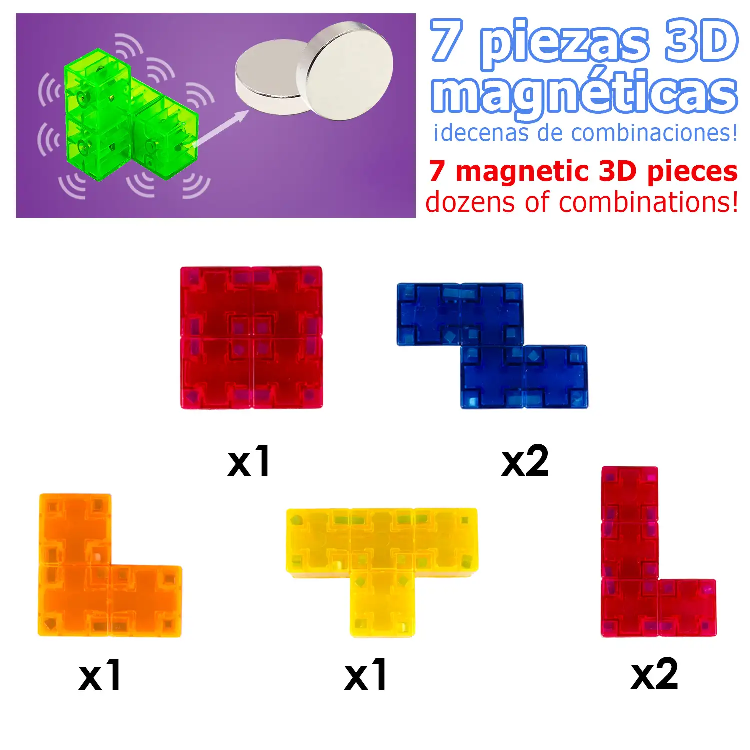 Bloques de construcción magnéticos 3D multicolor, juego de inteligencia y habilidad. Nivel fácil, 7 piezas.