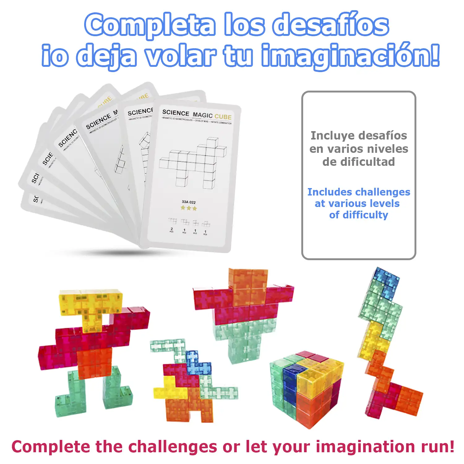 Bloques de construcción magnéticos 3D multicolor, juego de inteligencia y habilidad. Nivel fácil, 7 piezas.