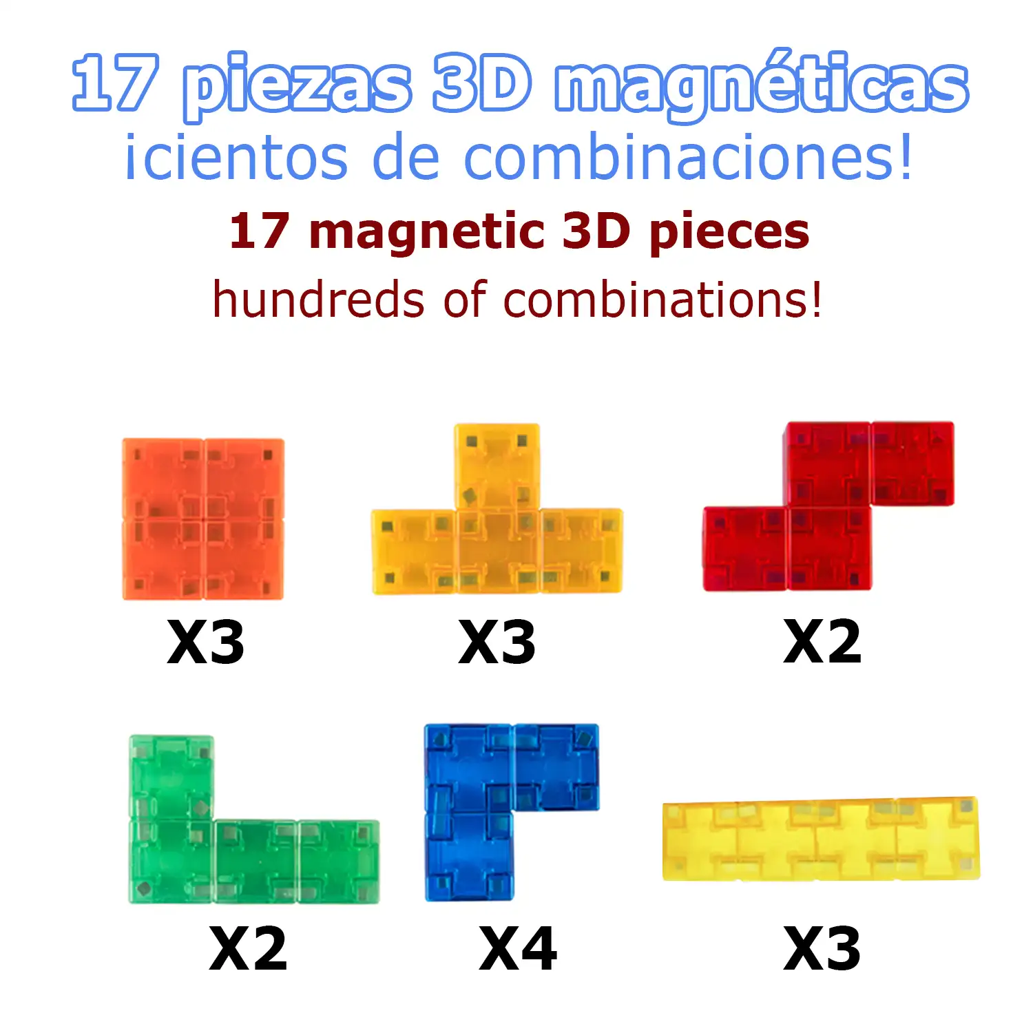 Bloques de construcción magnéticos 3D multicolor, juego de inteligencia y habilidad. Nivel intermedio, 17 piezas.