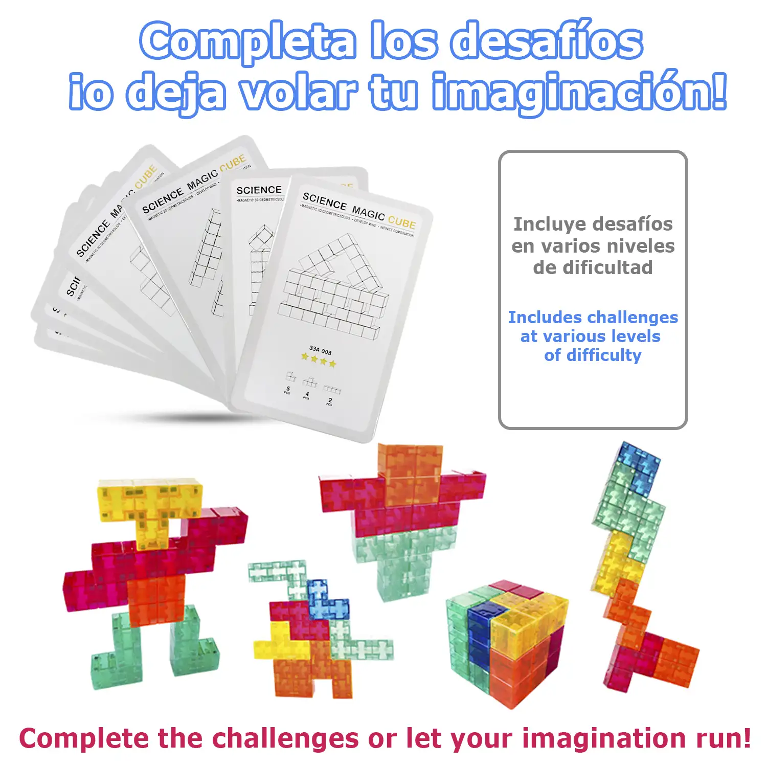 Bloques de construcción magnéticos 3D multicolor, juego de inteligencia y habilidad. Nivel intermedio, 17 piezas.