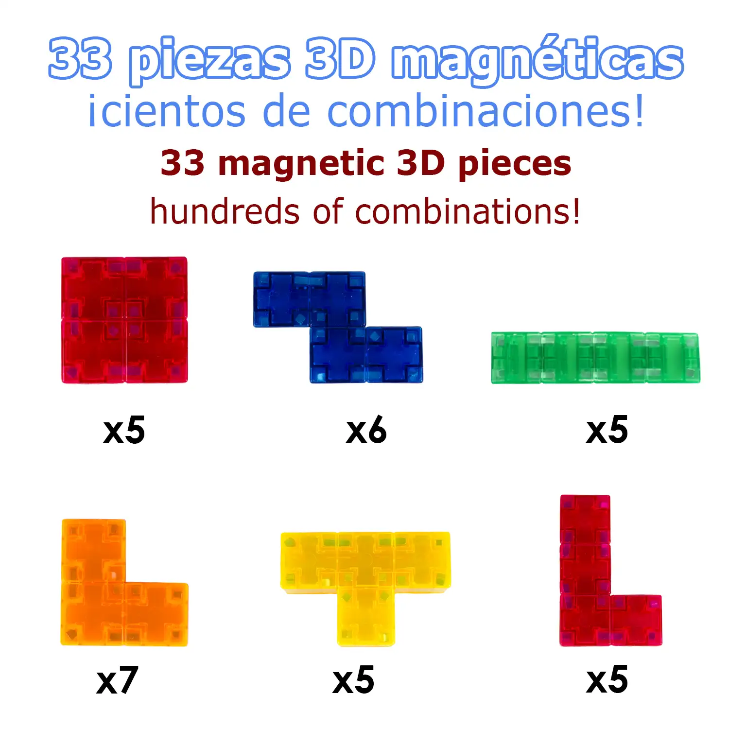 Bloques de construcción magnéticos 3D multicolor, juego de inteligencia y habilidad. 40 desafíos varios niveles de dificultad, 33 piezas.