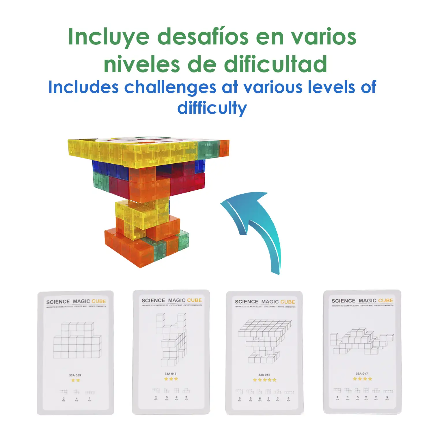 Bloques de construcción magnéticos 3D multicolor, juego de inteligencia y habilidad. 40 desafíos varios niveles de dificultad, 33 piezas.