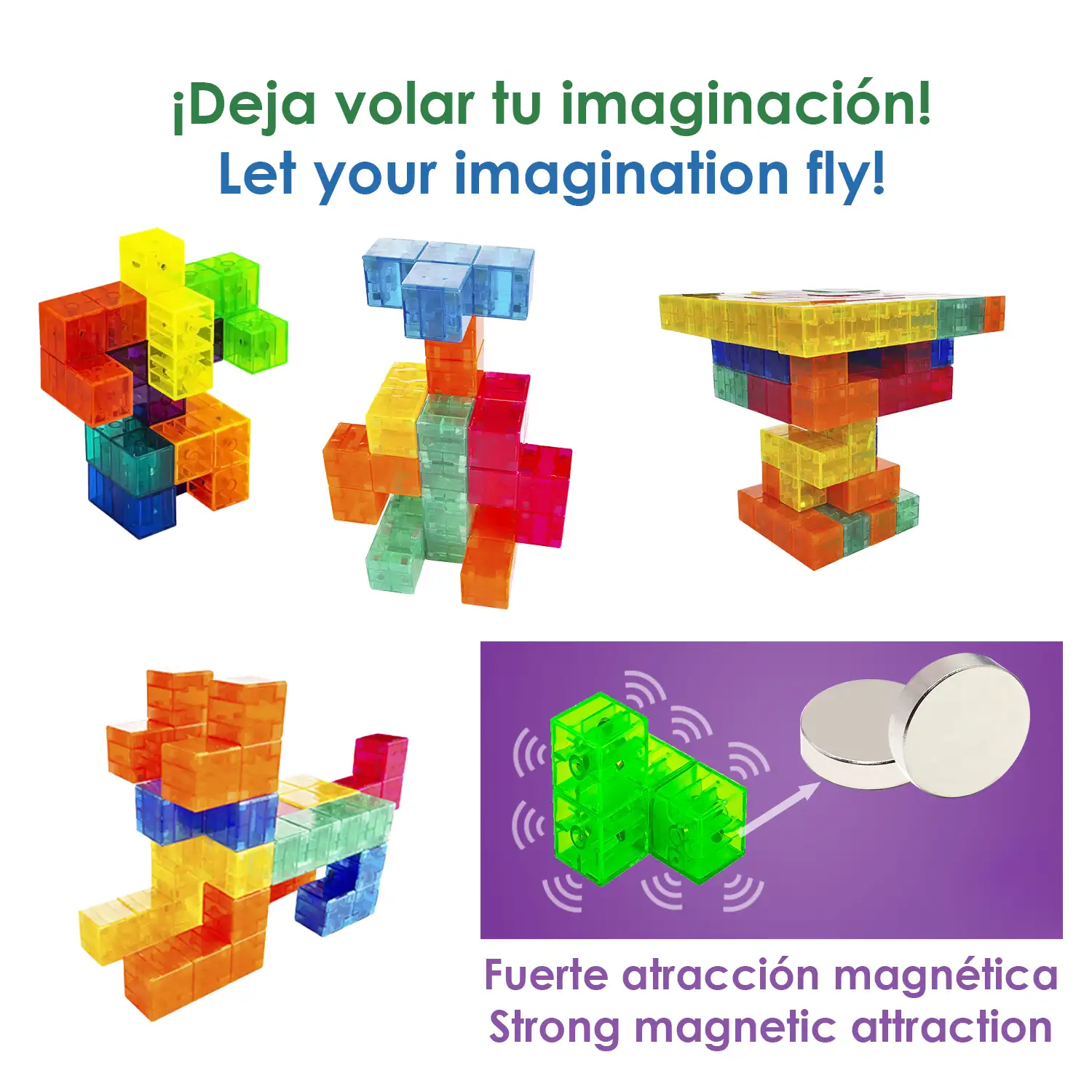 Bloques de construcción magnéticos 3D multicolor, juego de inteligencia y habilidad. 40 desafíos varios niveles de dificultad, 33 piezas.