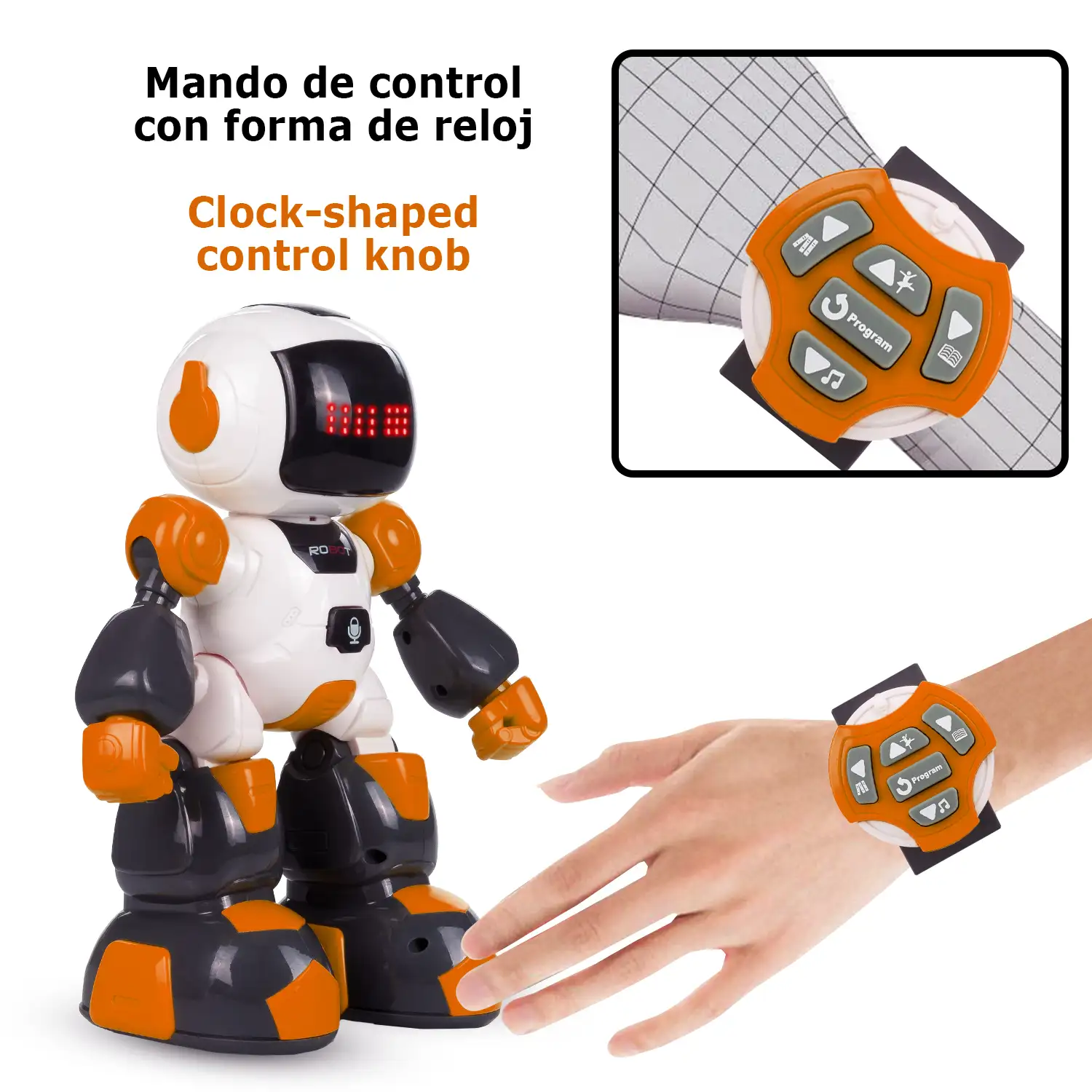 Mini Robot por control remoto. Mando a distancia infrarrojo pulsera. Funciones programables. Modos automáticos: baila, cuenta historias, música.