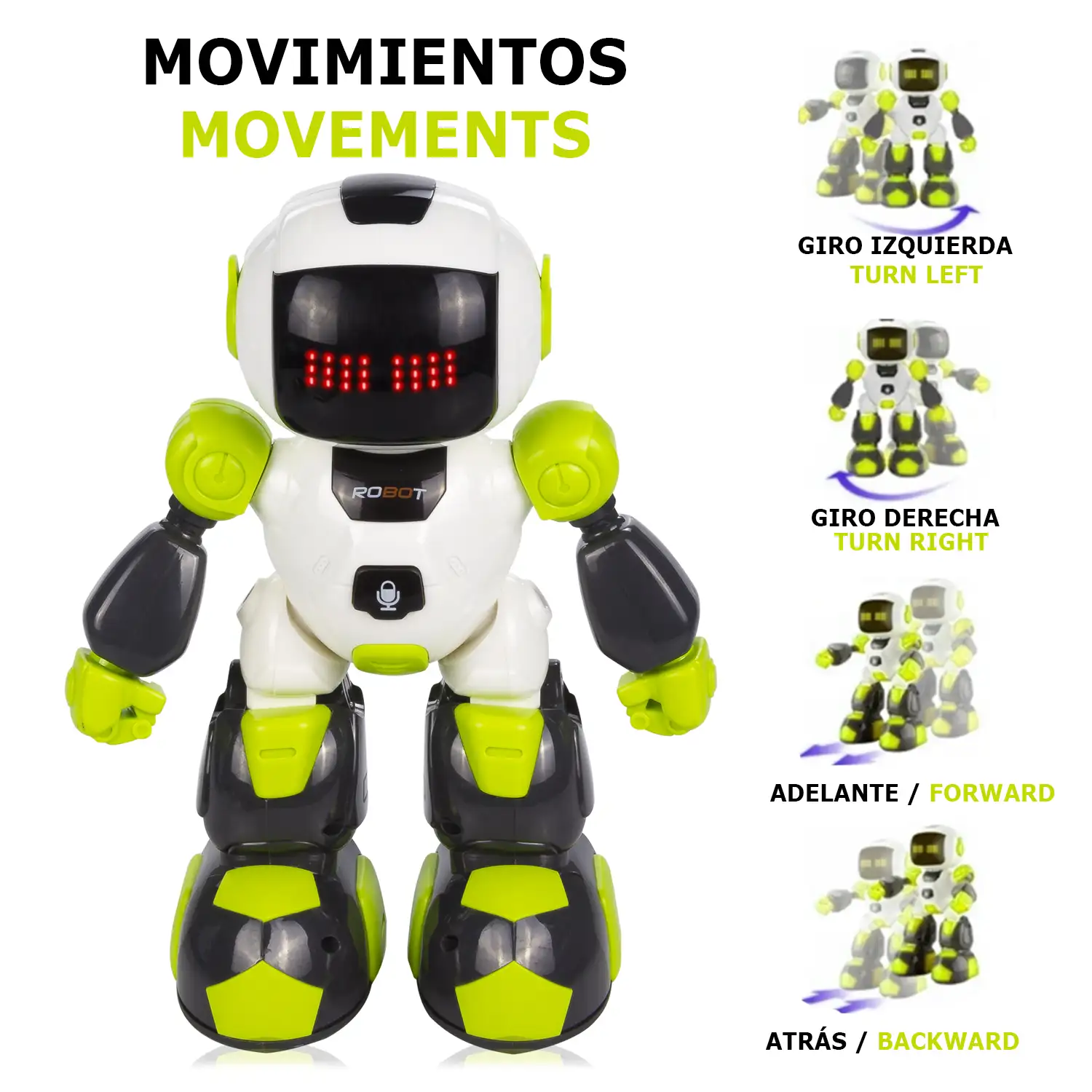 Mini Robot por control remoto. Mando a distancia infrarrojo pulsera. Funciones programables. Modos automáticos: baila, cuenta historias, música.